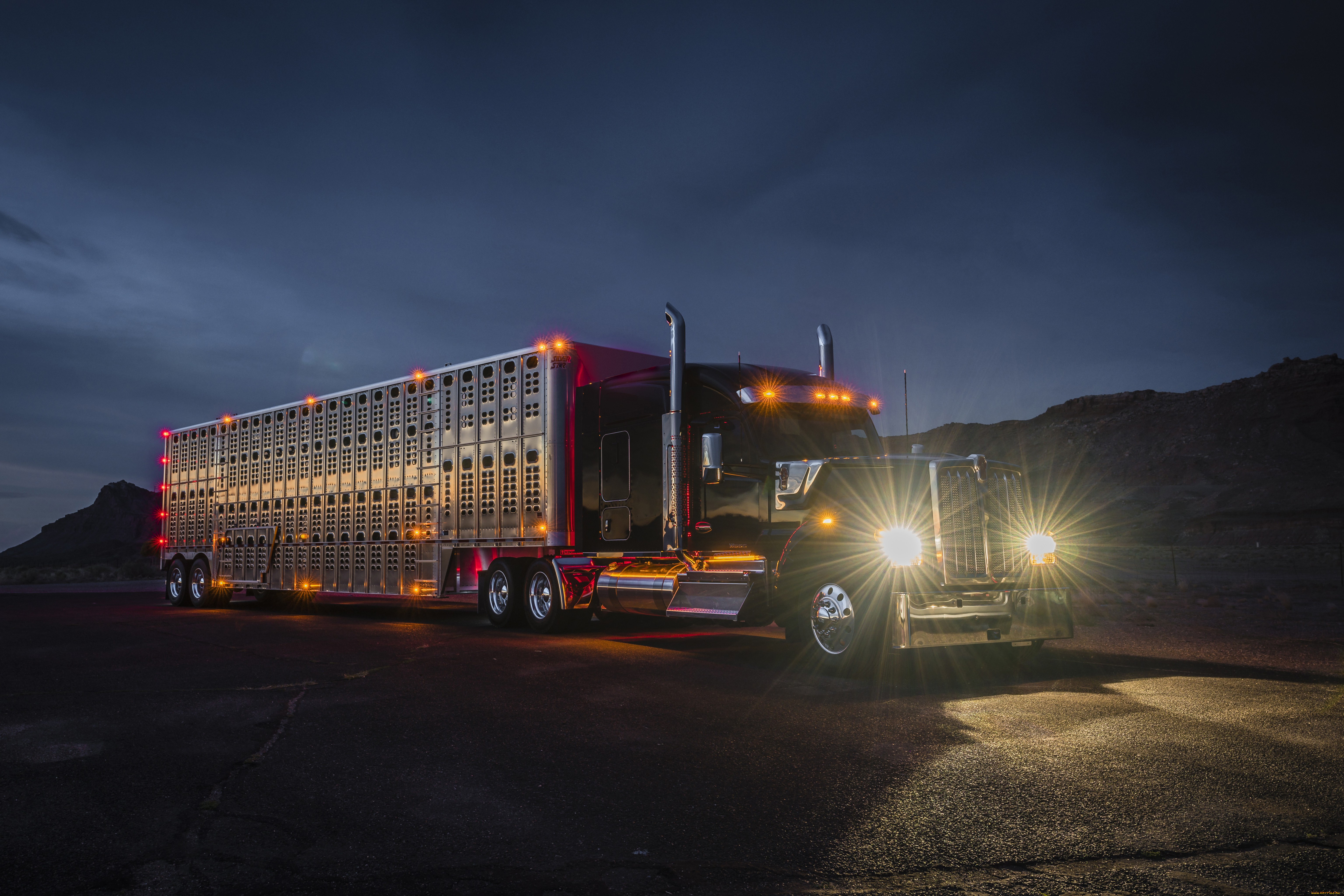 автомобили, kenworth, truck, ночь, фары