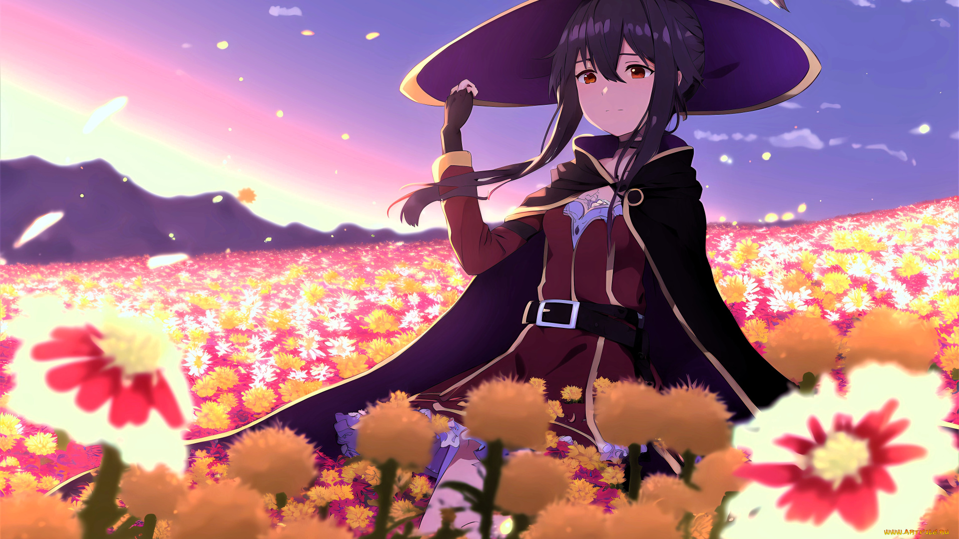 аниме, kono, subarashii, sekai, ni, shukufuku, wo, девочка, шляпа, поле, цветы