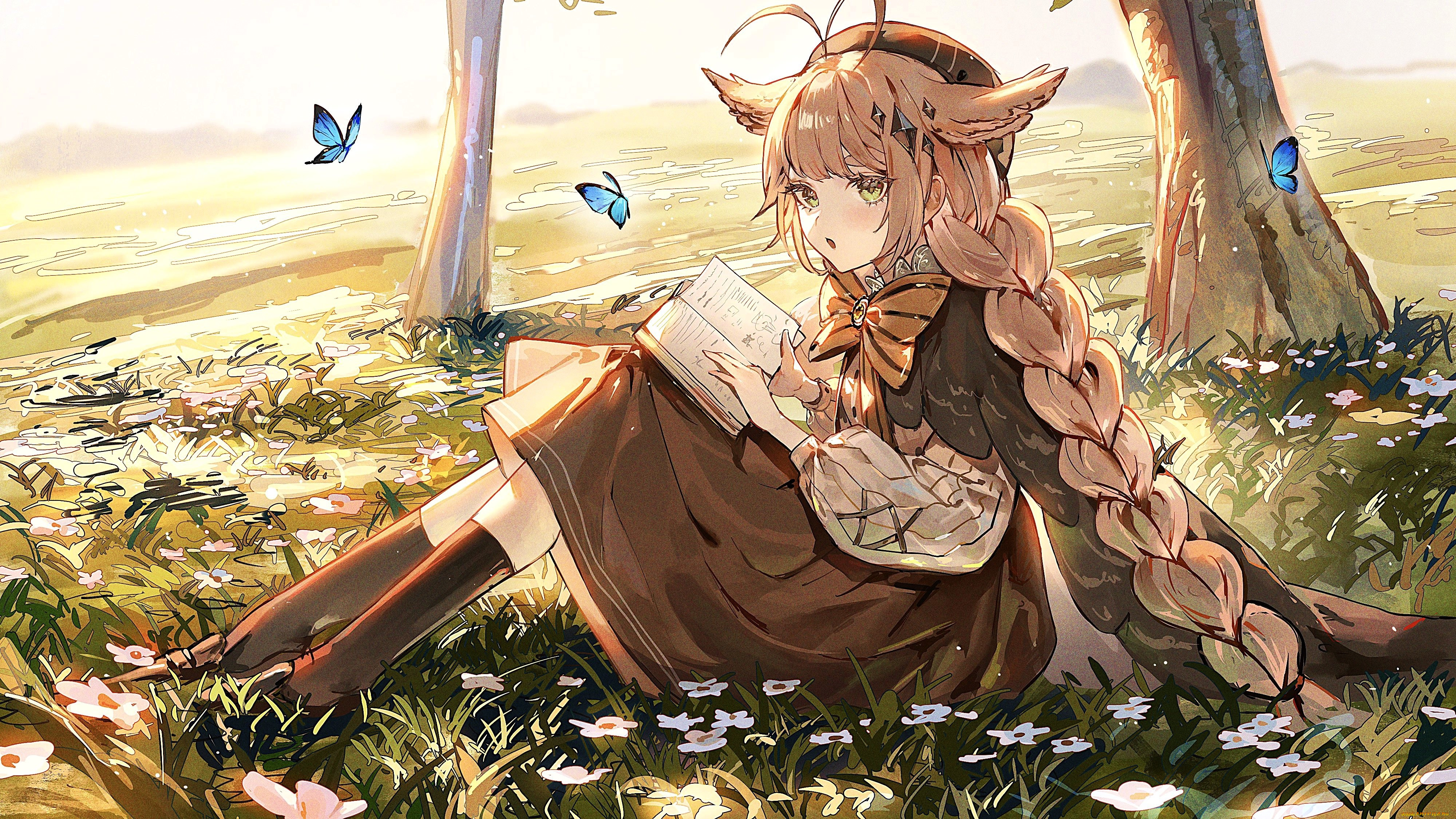 аниме, животные, , существа, девочка, ушки, коса, книга, бабочки