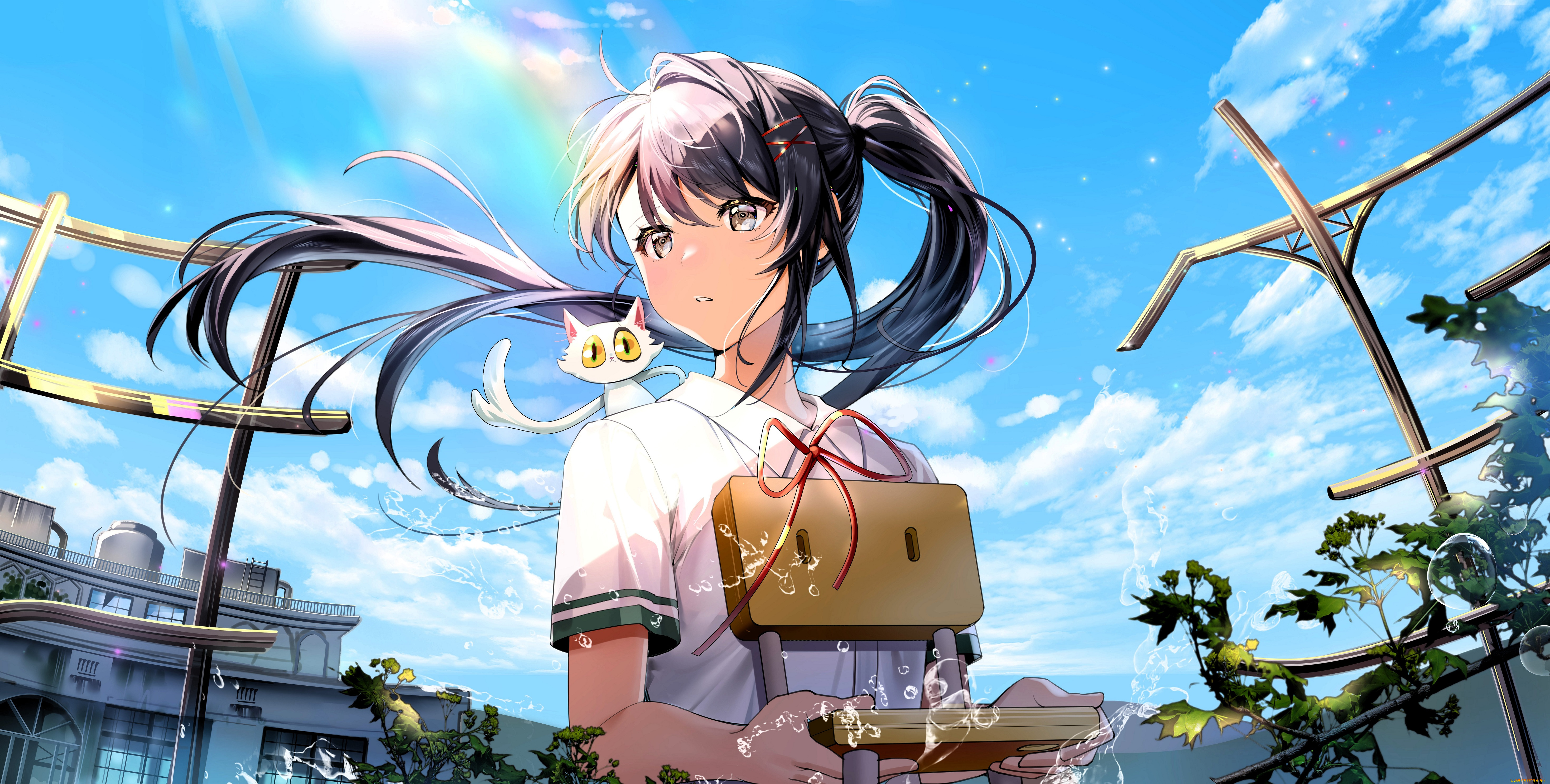 аниме, город, , улицы, , интерьер, , здания, девочка, кот, улица