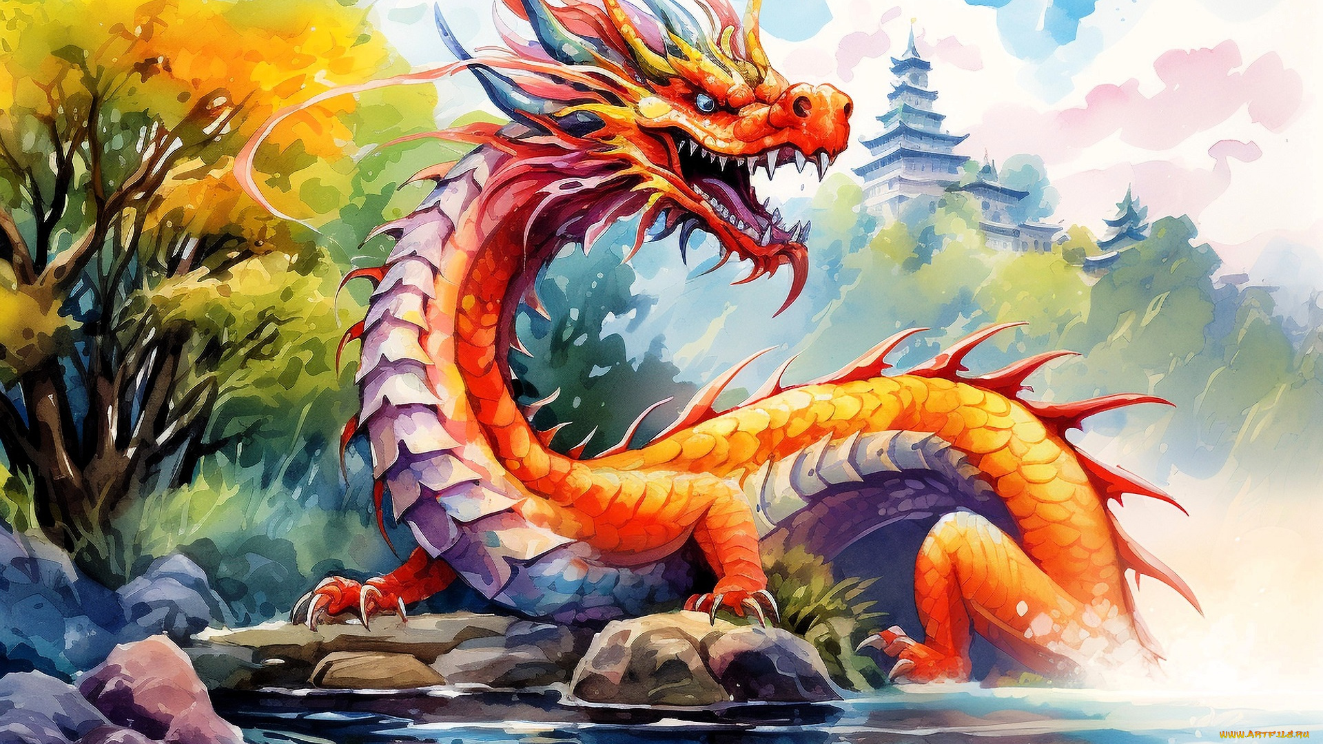 фэнтези, драконы, дракон, озеро, деревья, осень, камни, дворец, башня