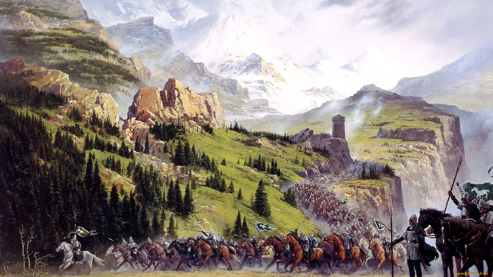 фэнтези, _lord, of, the, rings, горы, деревья, облака, отряд