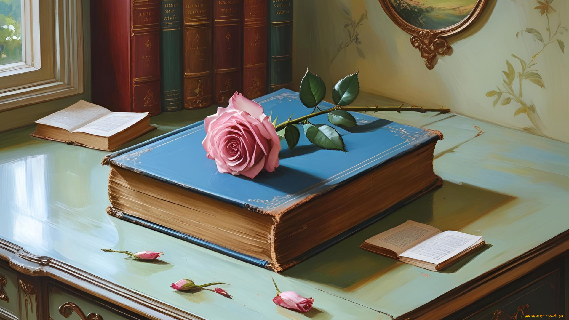 рисованное, цветы, книги, розовая, роза, бутоны