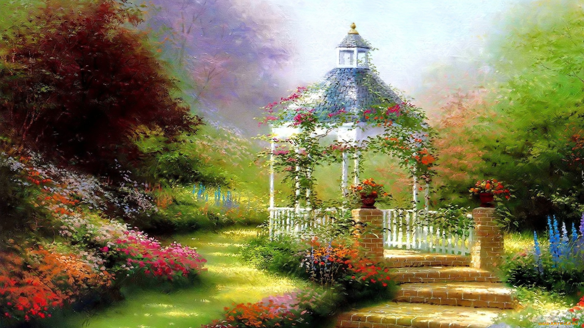 рисованное, thomas, kinkade, сад, кусты, цветы, дорожка, беседка