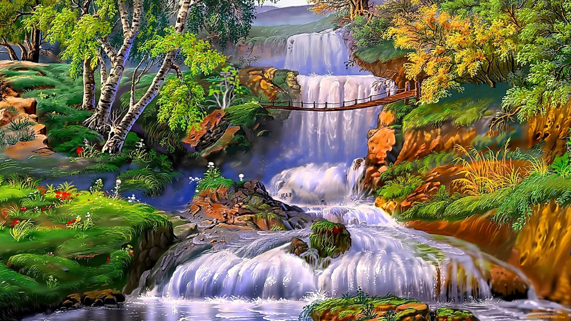 рисованное, виктор, цыганов, природа, деревья, река, водопады, мост