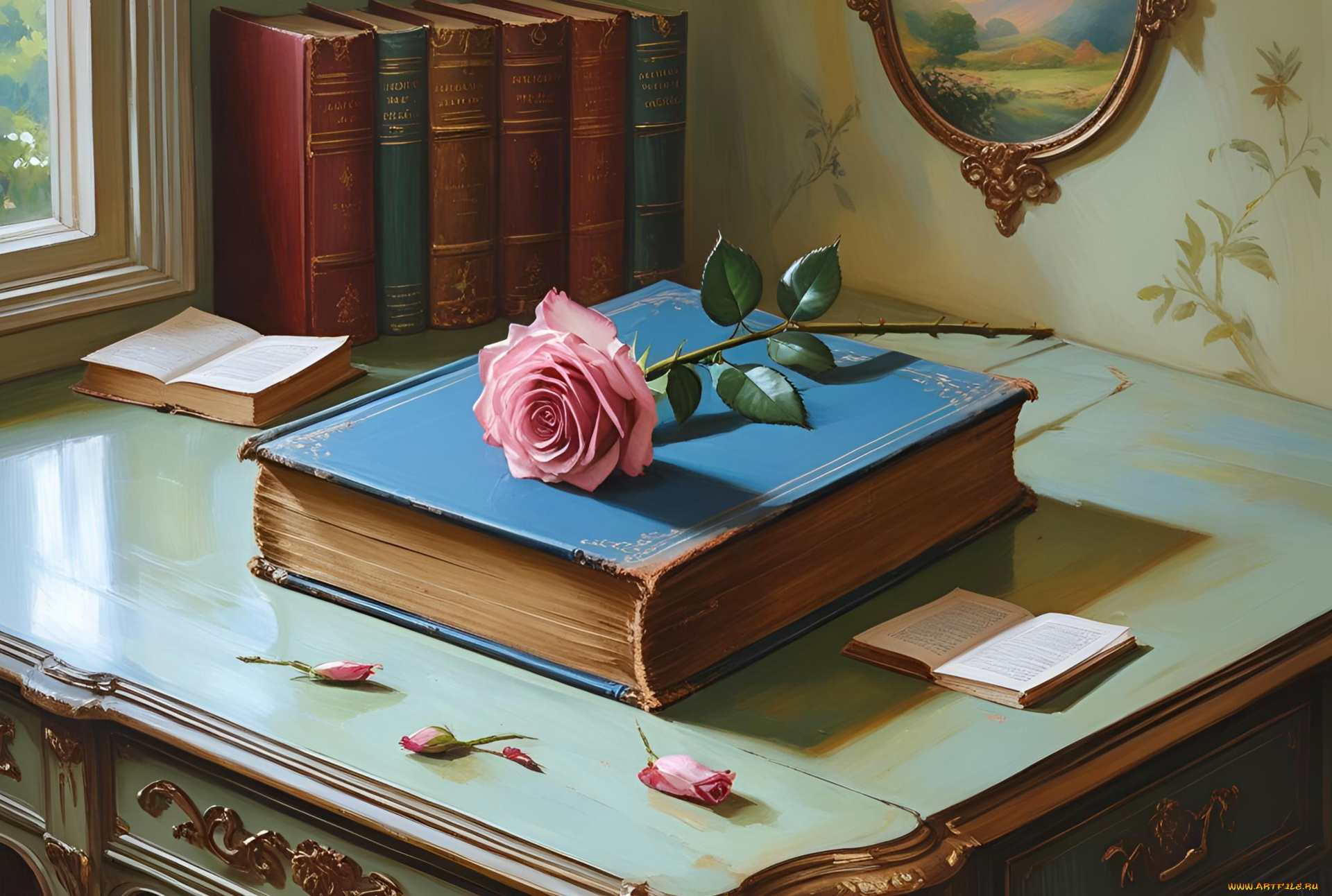 рисованное, цветы, книги, розовая, роза, бутоны