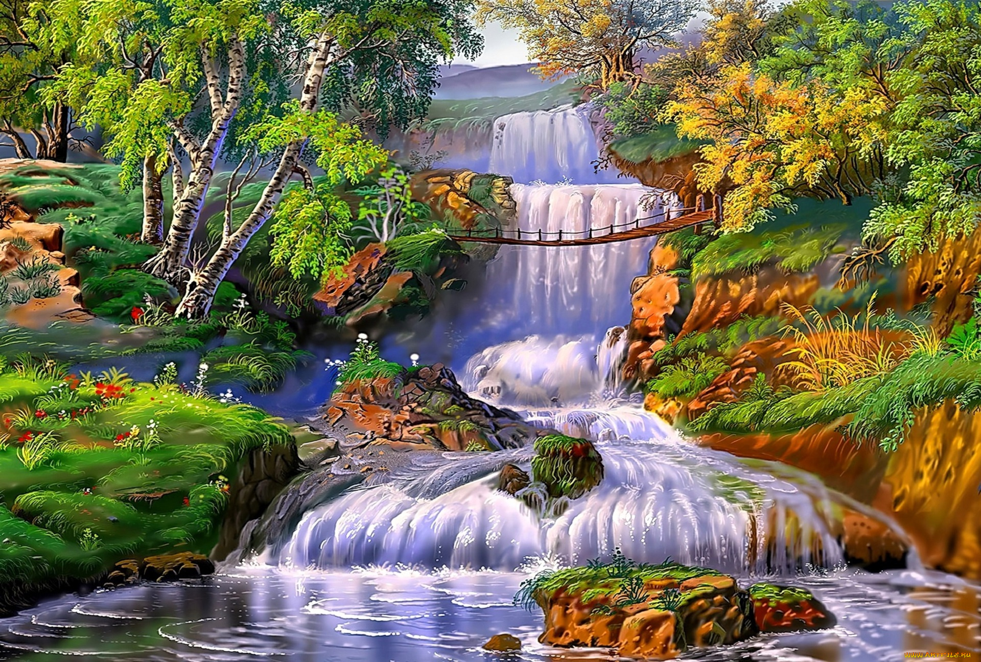 рисованное, виктор, цыганов, природа, деревья, река, водопады, мост