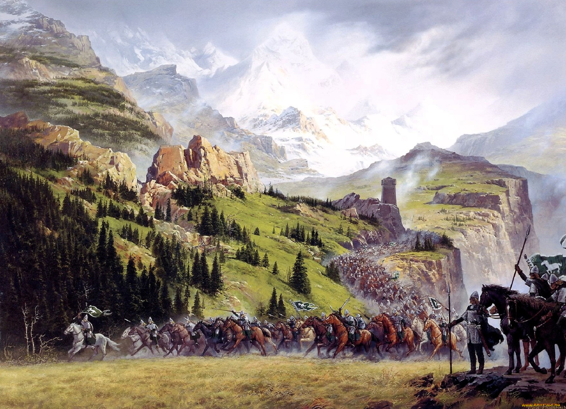 фэнтези, _lord, of, the, rings, горы, деревья, облака, отряд