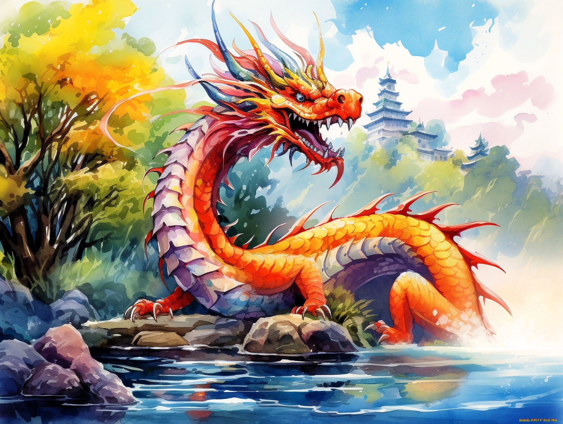 фэнтези, драконы, дракон, озеро, деревья, осень, камни, дворец, башня