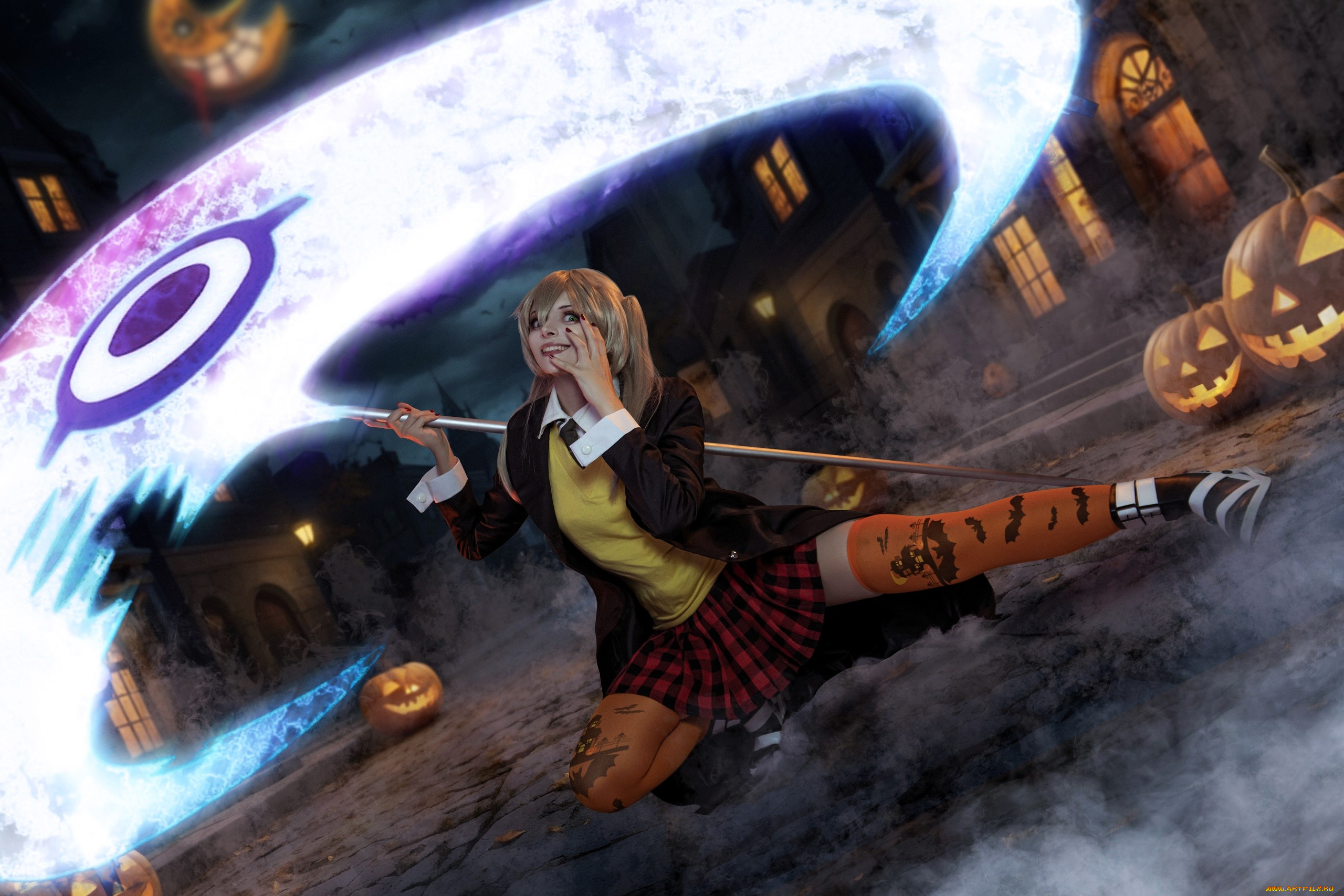 девушки, mari, aisu, образ, косплей, наряд, костюм, коса, улица, дома, тыквы