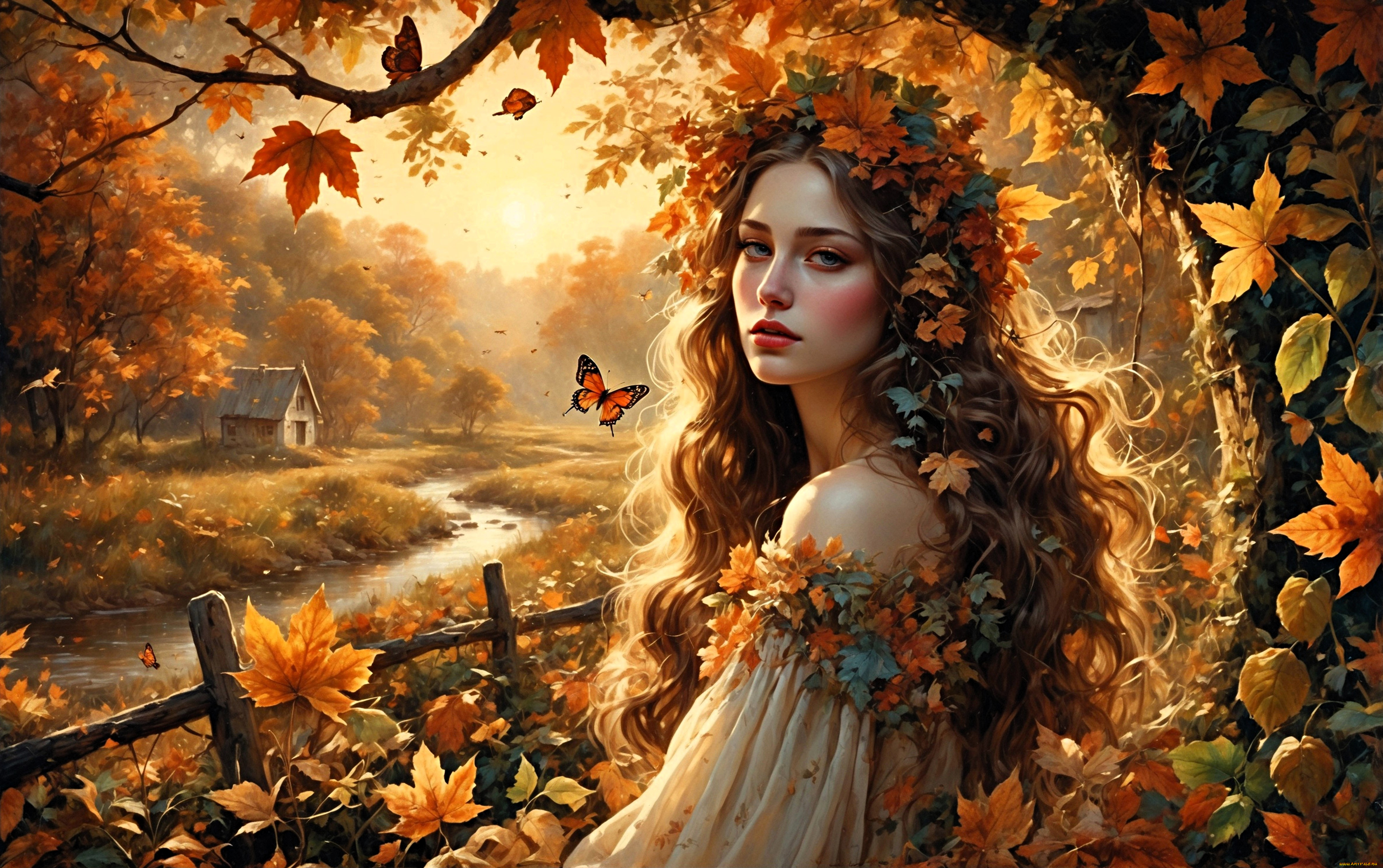 рисованное, люди, девушка, венок, осень, цветы, листья, дом, бабочки, забор, деревья, река