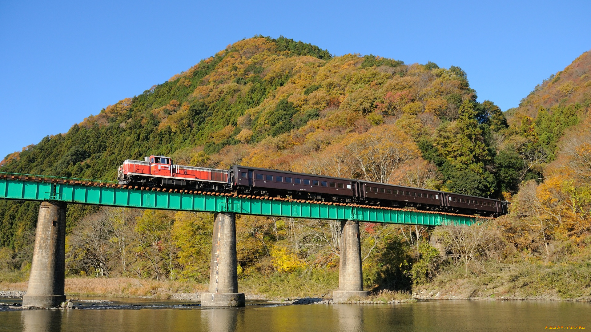 техника, поезда, поезд, мост, горы, река