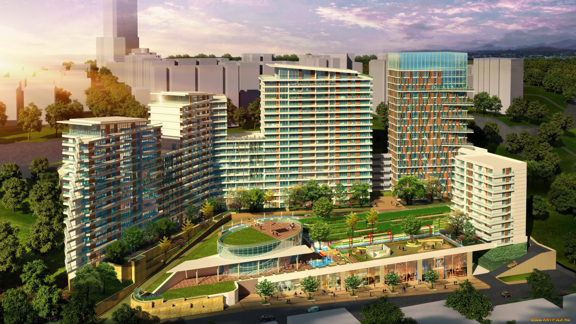 3д, графика, architecture, , архитектура, ландшафт, здания, площадь, город, район