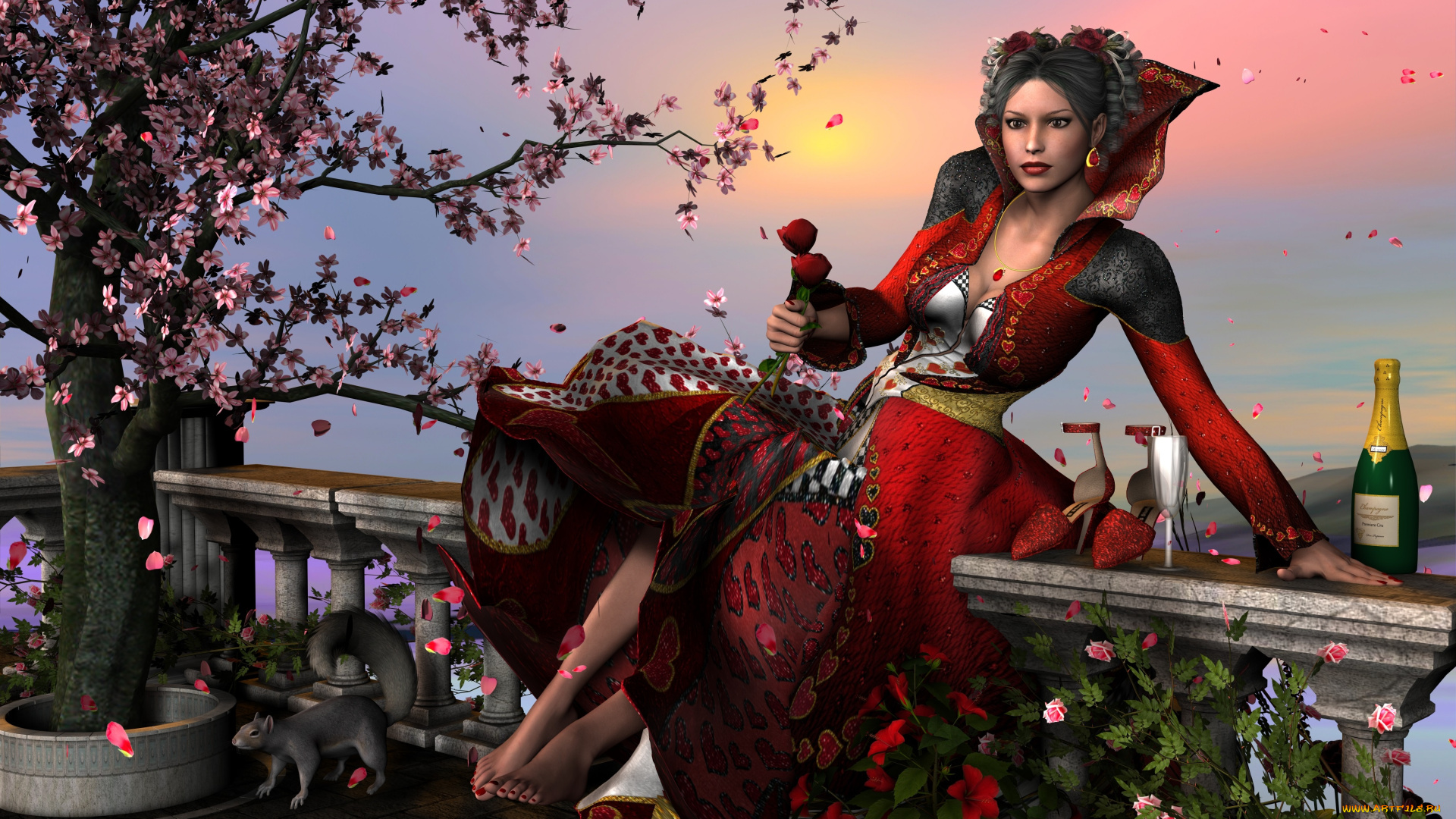 3д, графика, fantasy, , фантазия, цветы, взгляд, девушка, белочка, вино, сакура
