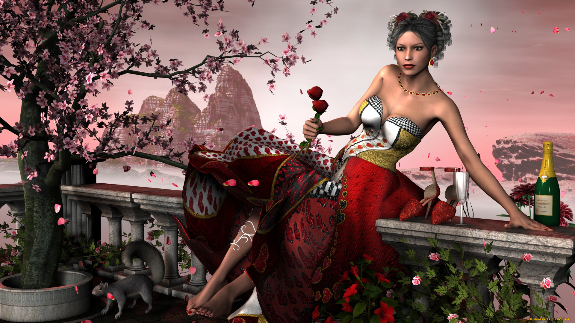 3д, графика, fantasy, , фантазия, сакура, взгляд, девушка, цветы, белочка, вино