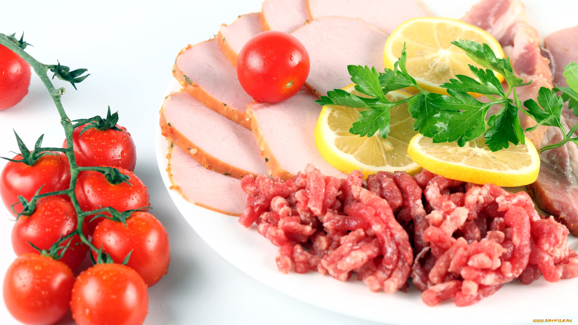 еда, разное, помидоры, лимон, петрушка, ветчина, колбаса