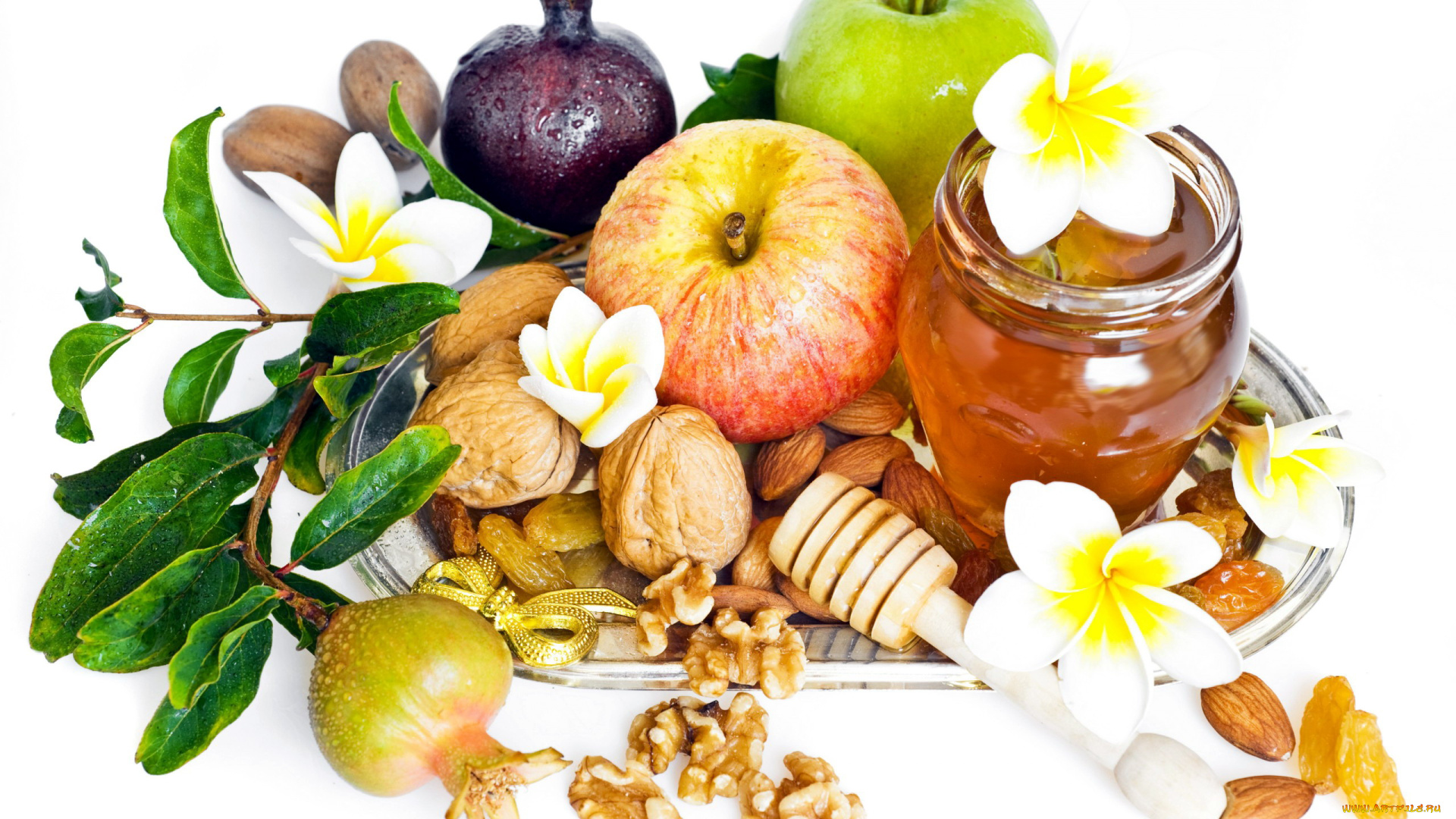 еда, разное, яблоки, гранат, мед, орехи