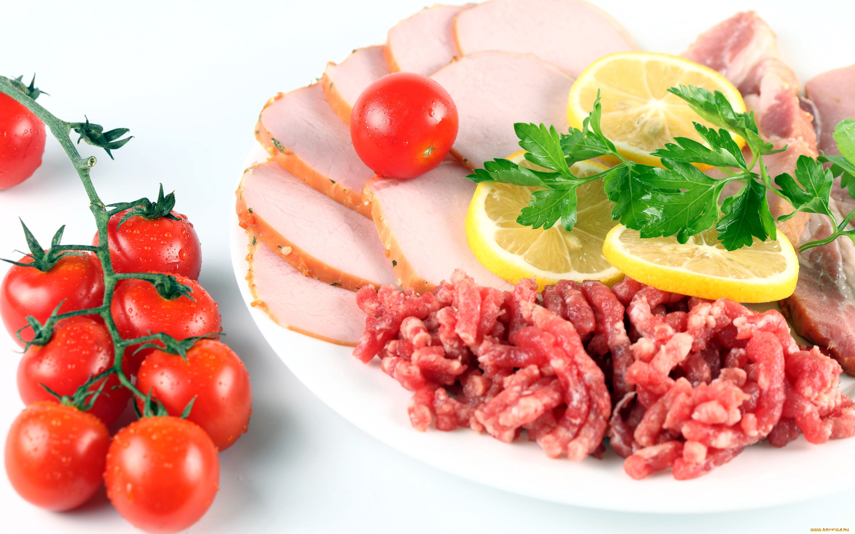 еда, разное, помидоры, лимон, петрушка, ветчина, колбаса