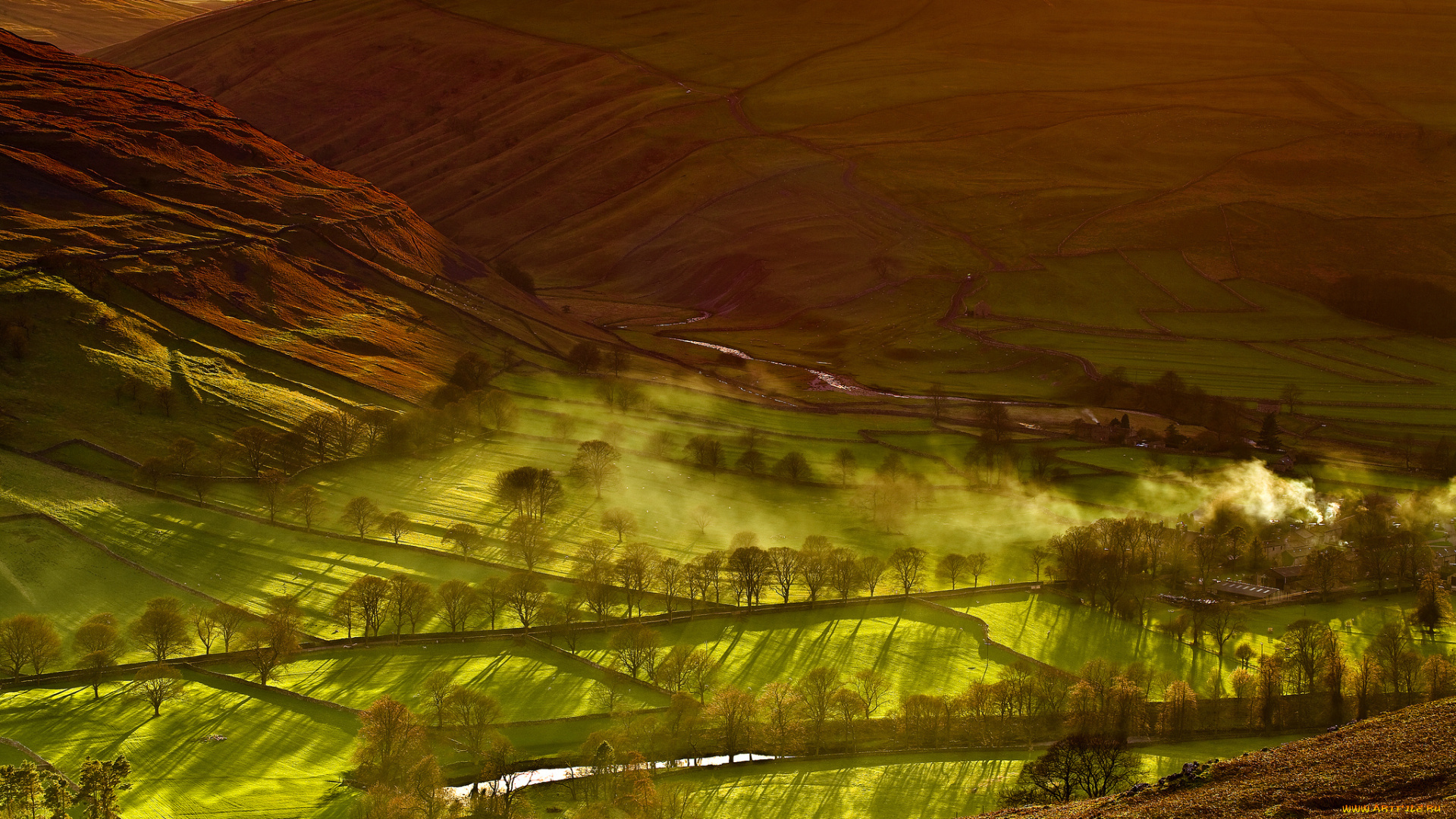 природа, пейзажи, деревья, река, дом, долина, горы, поля