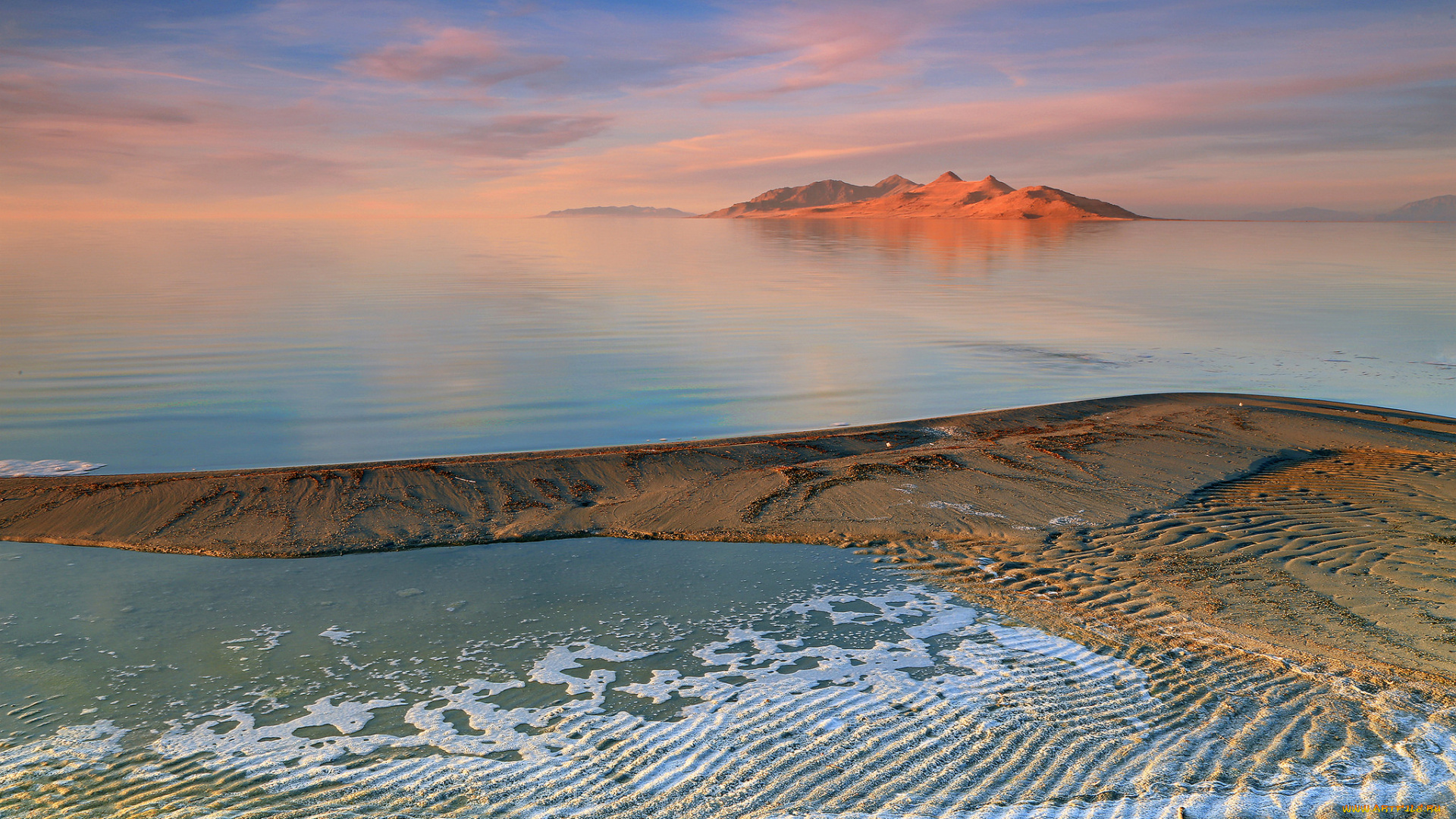 природа, побережье, берег, зарево, облака, остров, небо, море, горы