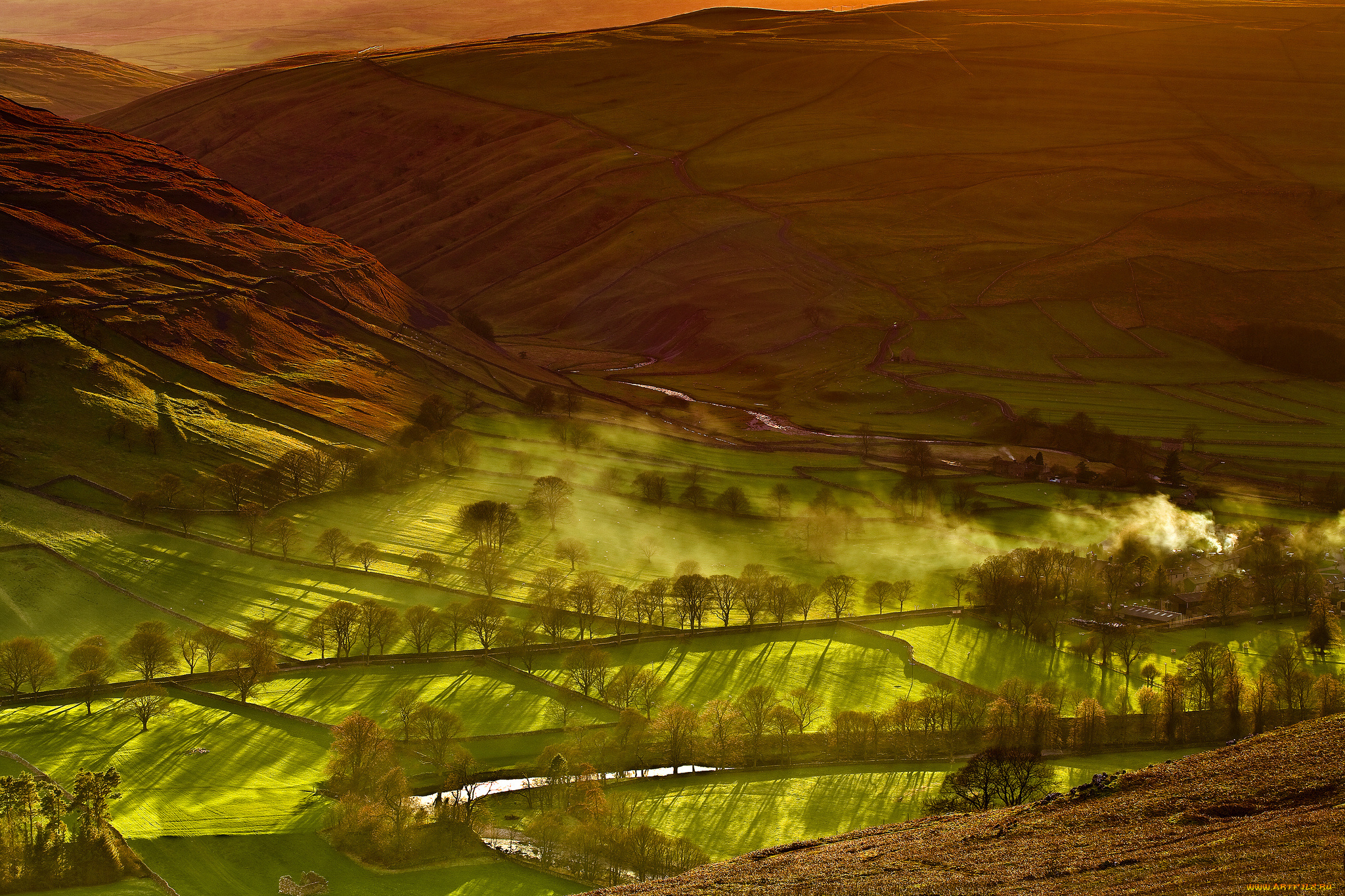 природа, пейзажи, деревья, река, дом, долина, горы, поля