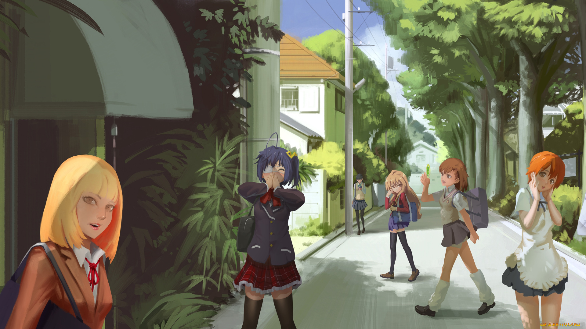 аниме, город, , улицы, , здания, улица, девочки, sbc, арт