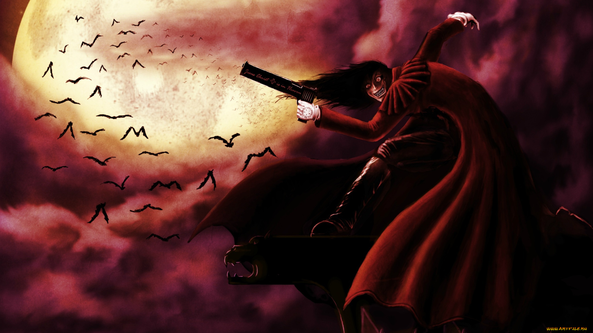 аниме, hellsing, хеллсинг, alucard, летучие, мыши, тучи, луна, вампир, демон, алукард