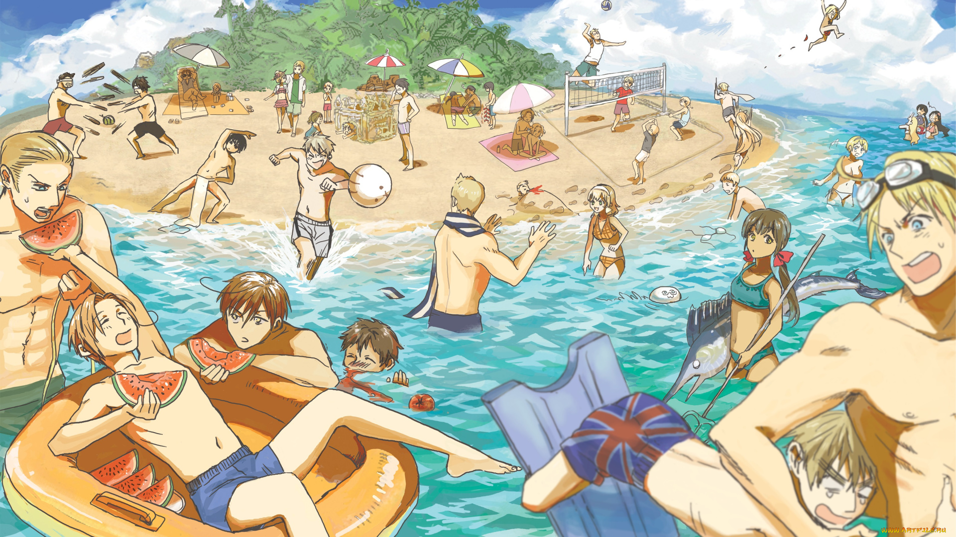 аниме, hetalia, , axis, powers, арбуз, парни, море, отдых, лето, пляж