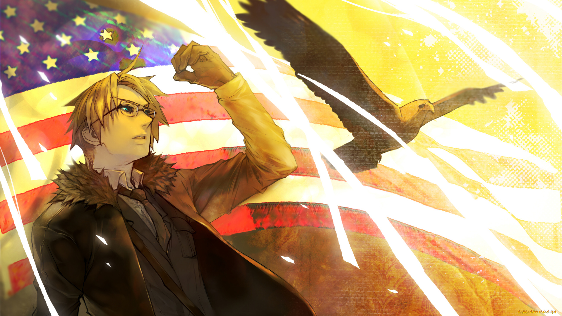 аниме, hetalia, , axis, powers, орёл, парень, птица, флаг, арт, америка