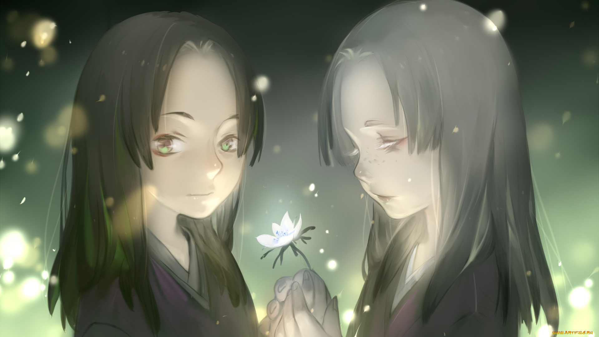 аниме, mushishi, luman, огоньки, цветок, девочки, арт