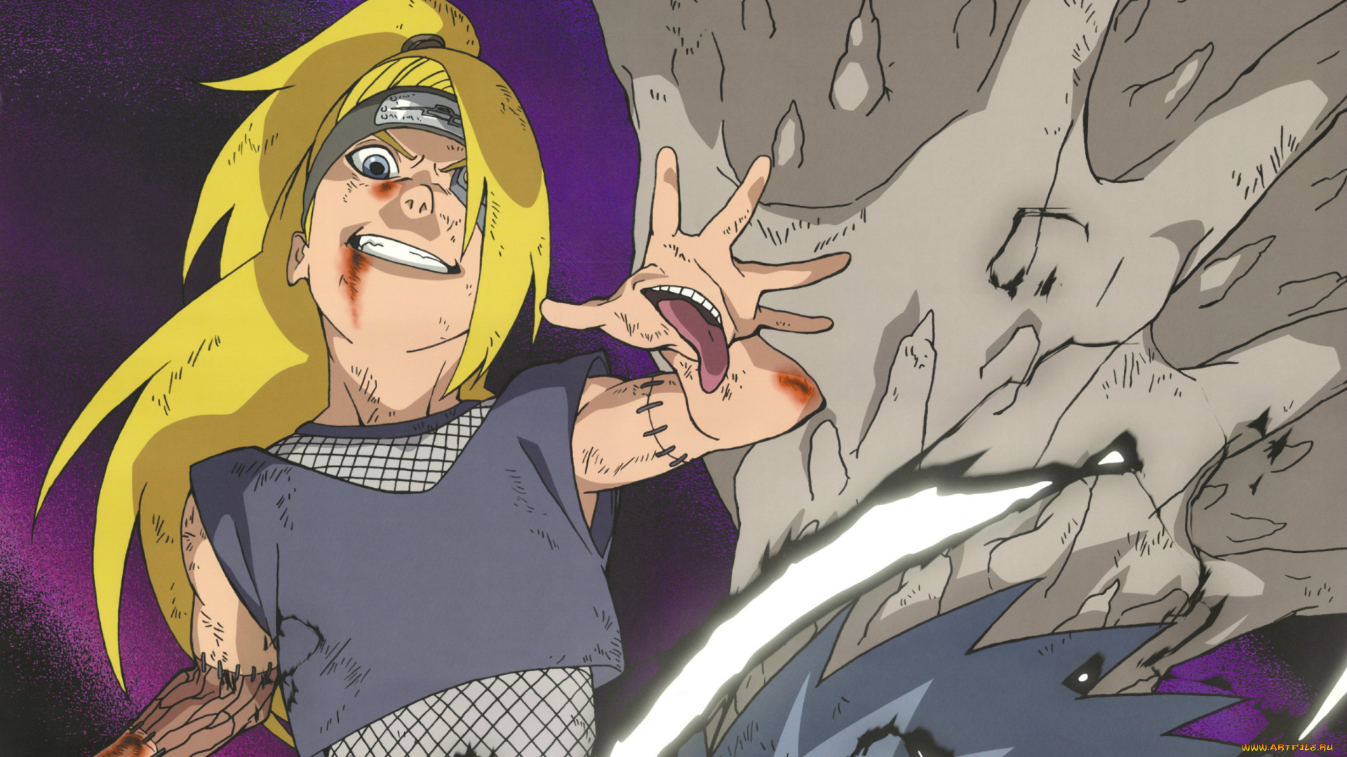 аниме, naruto, akatsuki, кровь, язык, deidara, повязка, безумие, швы