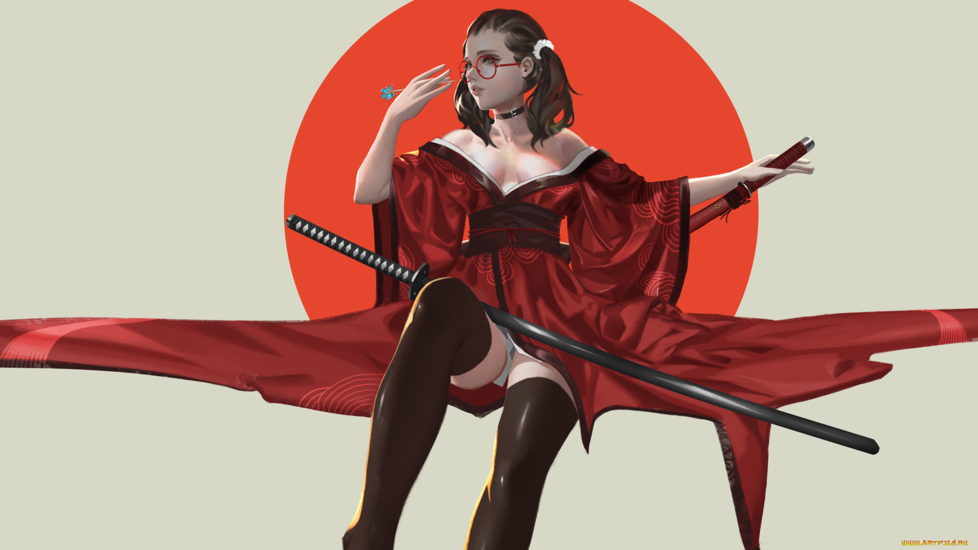 аниме, оружие, , техника, , технологии, трусики, катана, одежда, очки, коричневые, волосы, колье, грудь