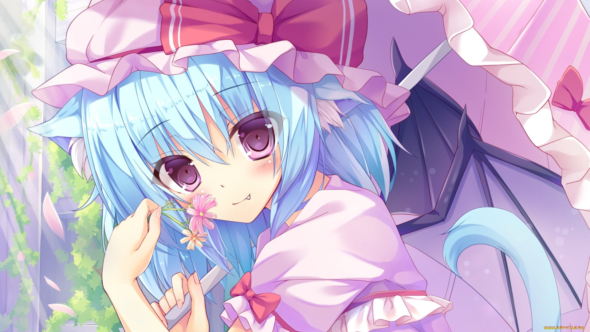 аниме, touhou, девушка, взгляд, фон, зонтик, цветок