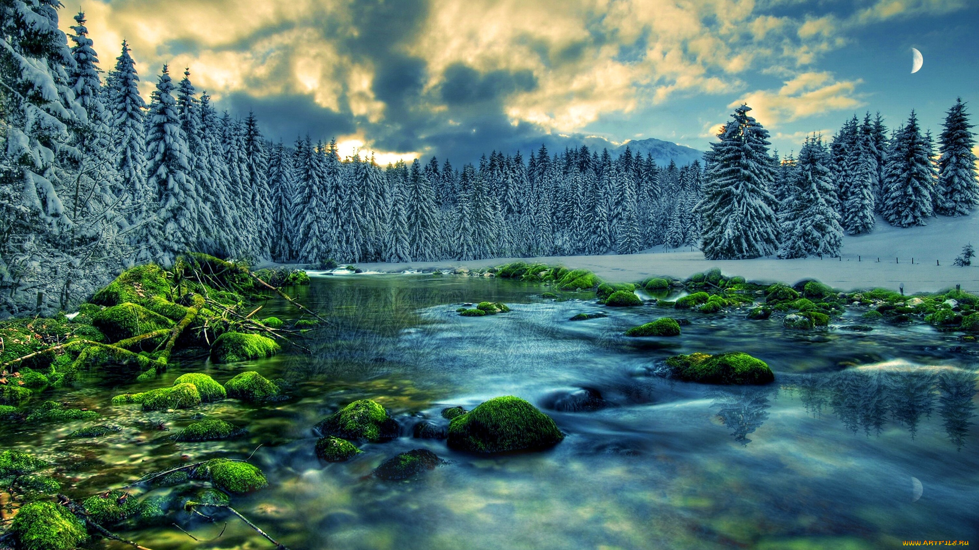 природа, реки, озера, мох, камни, река, луна, облака, лес