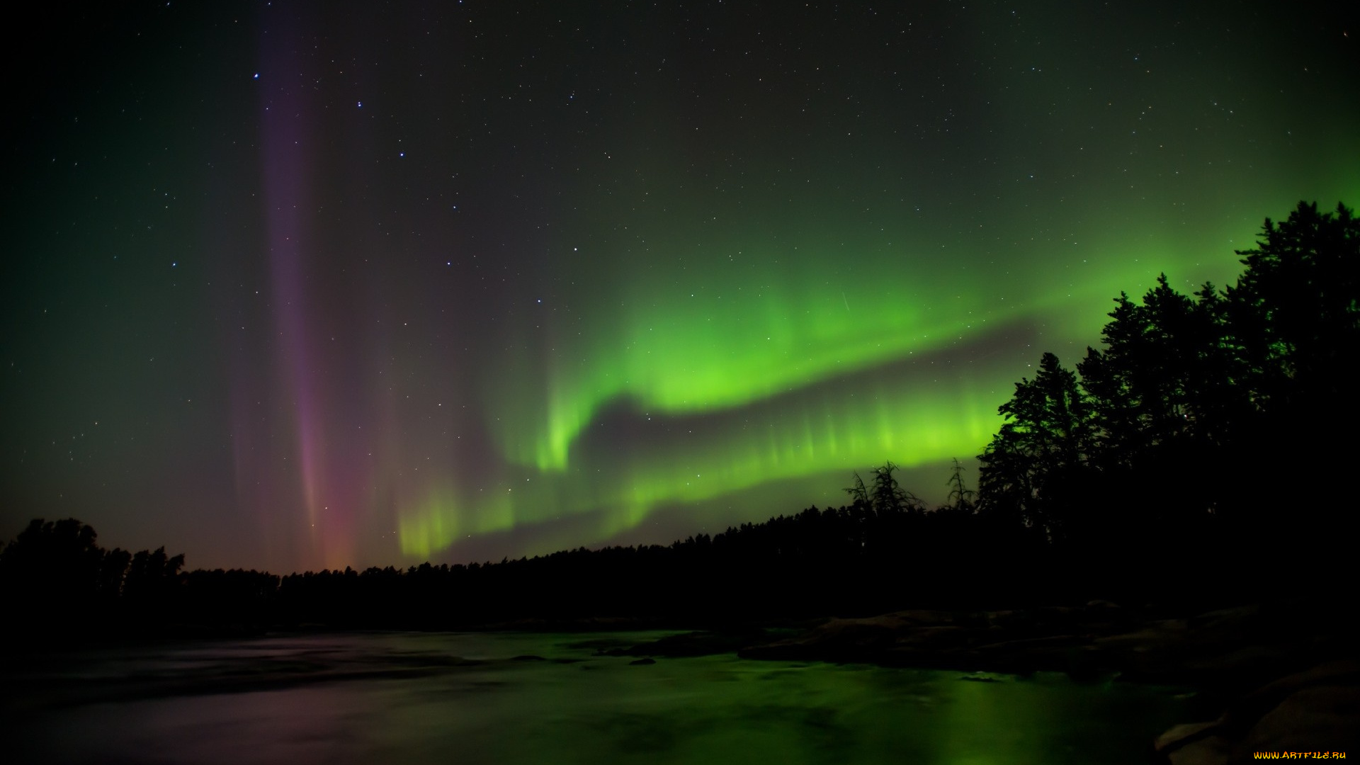 природа, северное, сияние, небо, ночь, река, звезды, лес