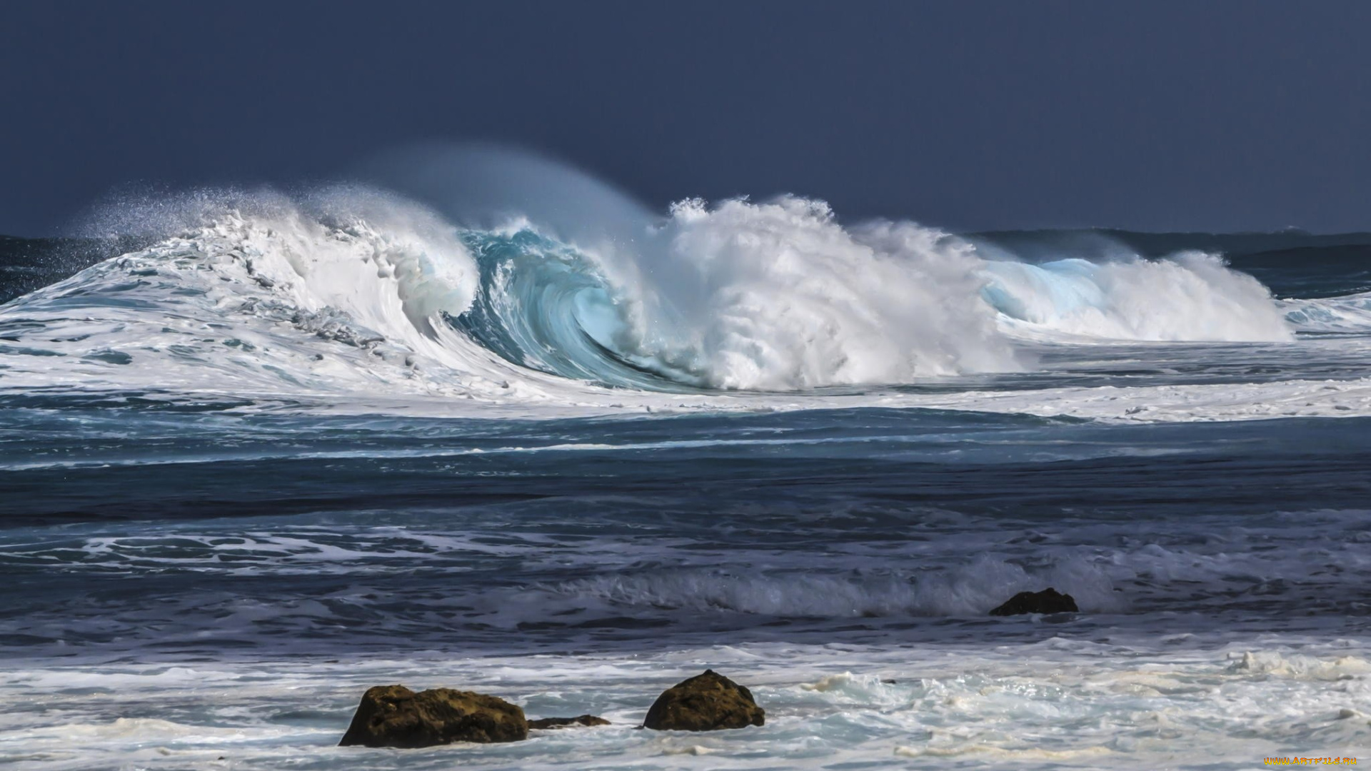 природа, стихия, прибой, океан, волны, пена, камни, берег