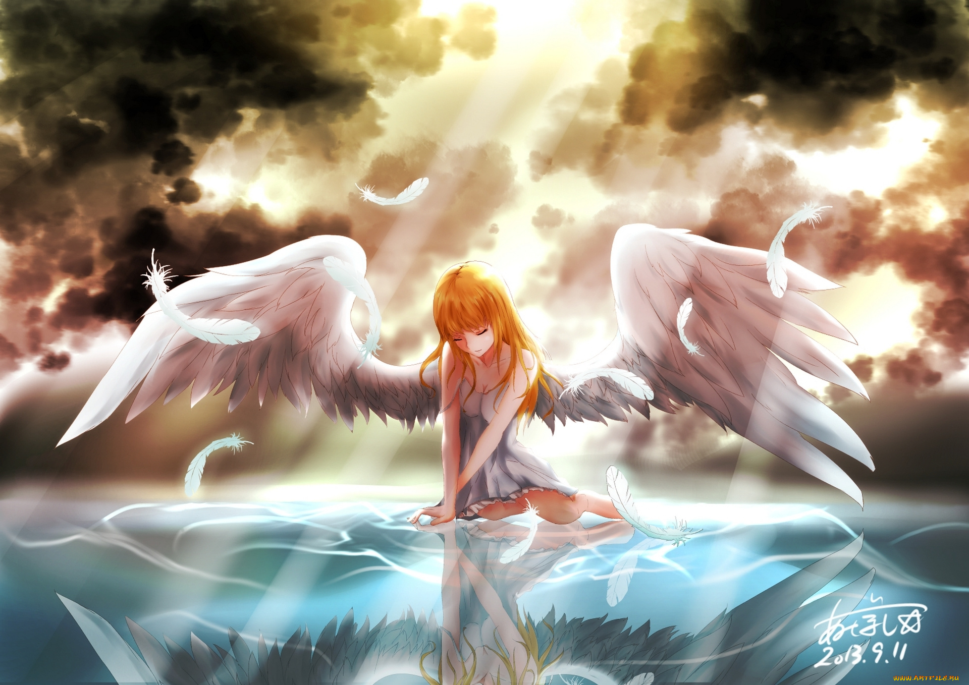 аниме, ангелы, , демоны, девушка, арт, перья, небо, облака, крылья, ангел, отражение, вода, свет