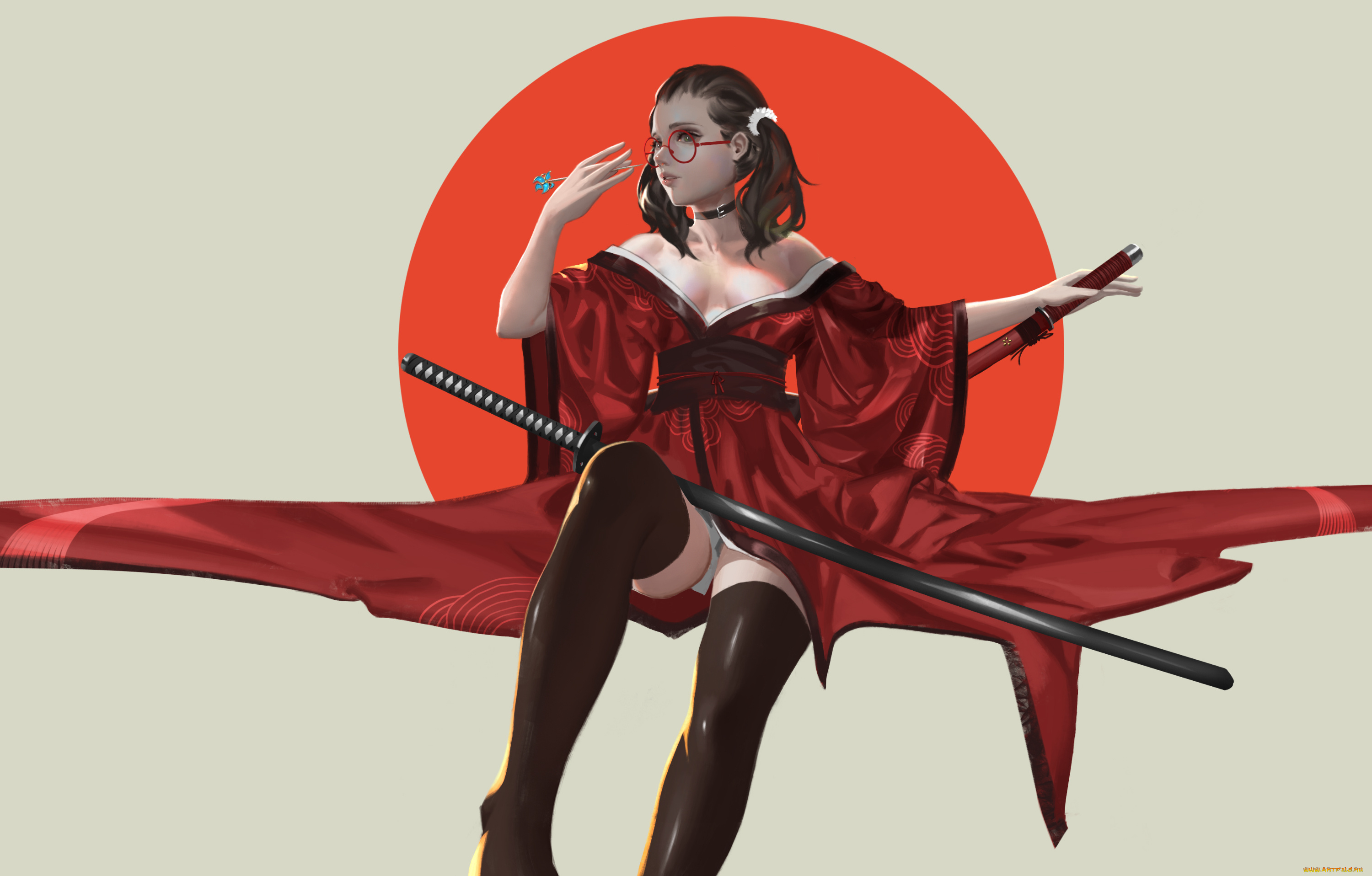 аниме, оружие, , техника, , технологии, трусики, катана, одежда, очки, коричневые, волосы, колье, грудь