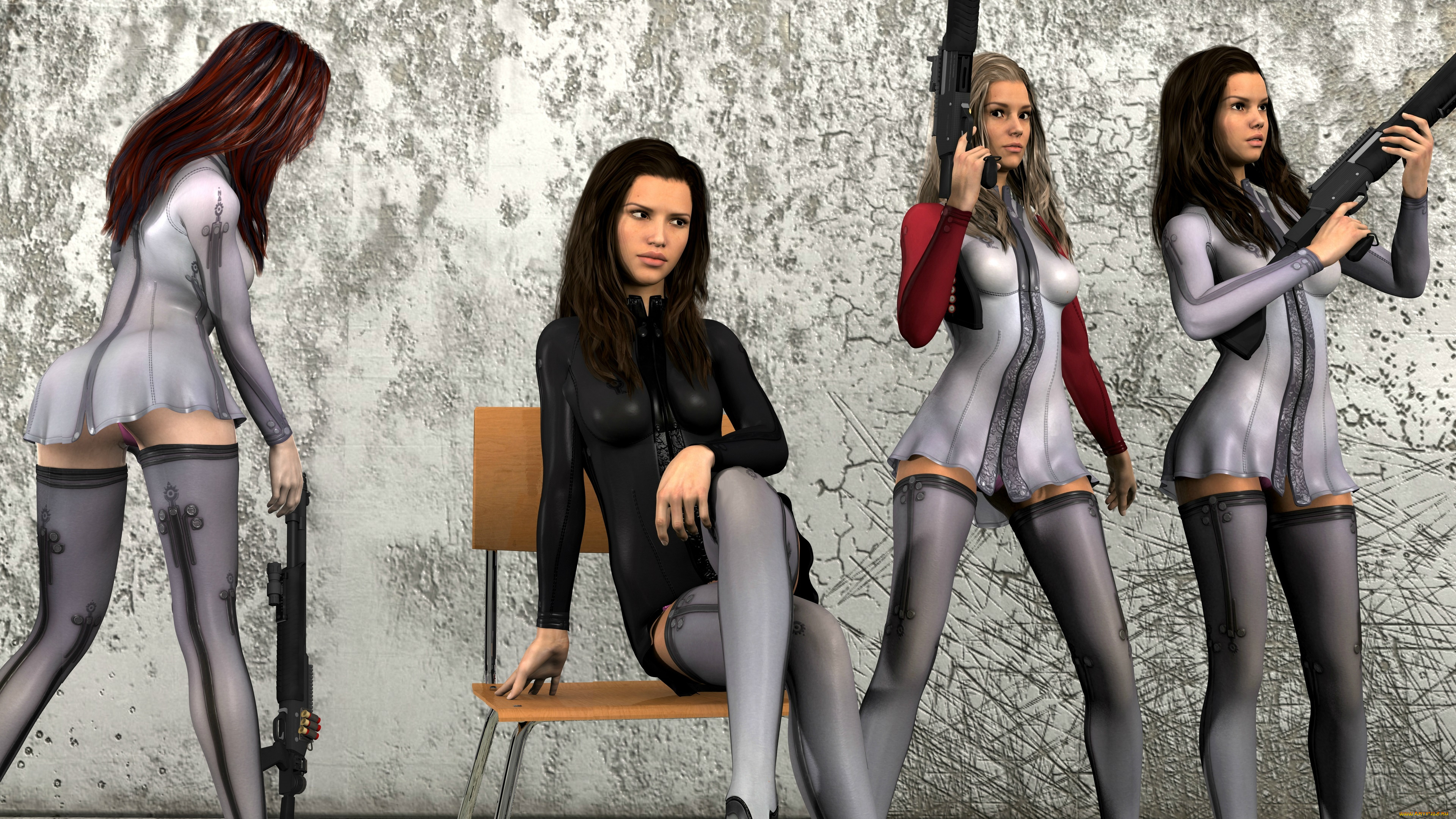 3д, графика, люди, , people, взгляд, девушки, оружие, фон