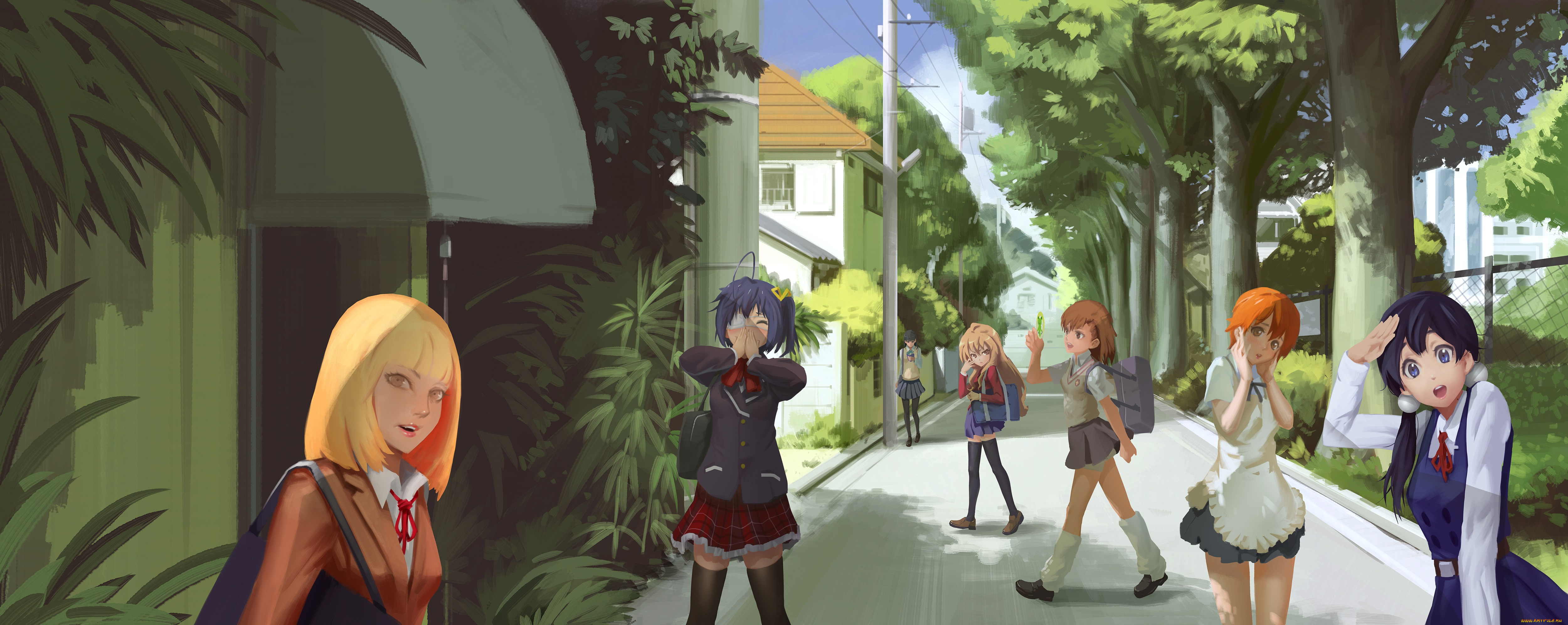 аниме, город, , улицы, , здания, улица, девочки, sbc, арт