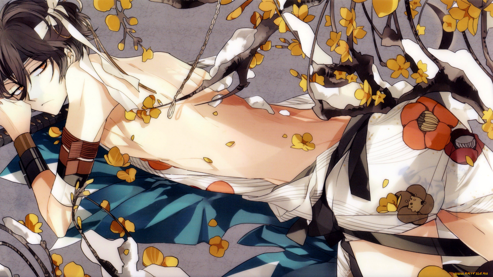 аниме, hakuouki, браслет, suou, shinsengumi, kitan, спина, демоны, бледной, сакуры, камелии, art, парень, снег, saitou, hajime, лежит