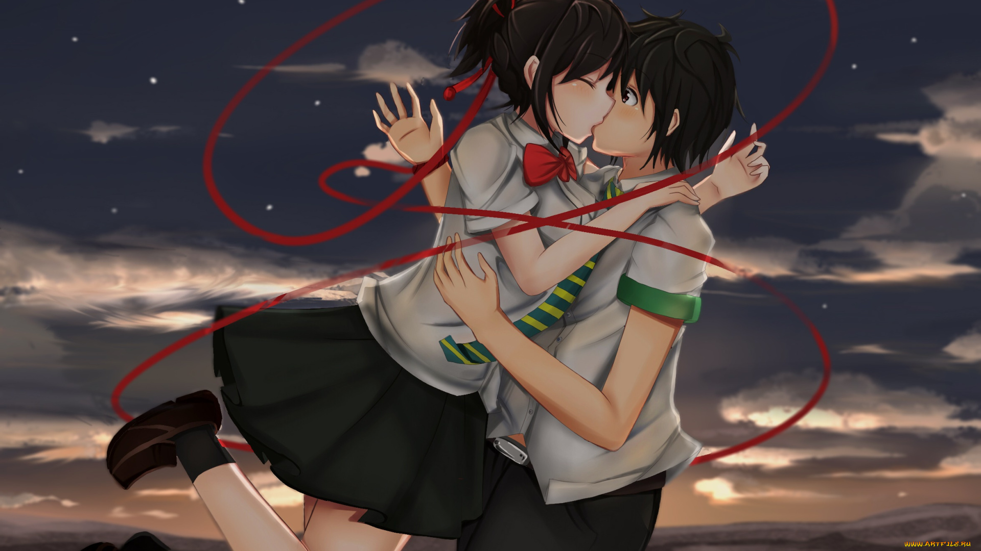 аниме, kimi, no, na, wa, фон, взгляд, девушка, парень