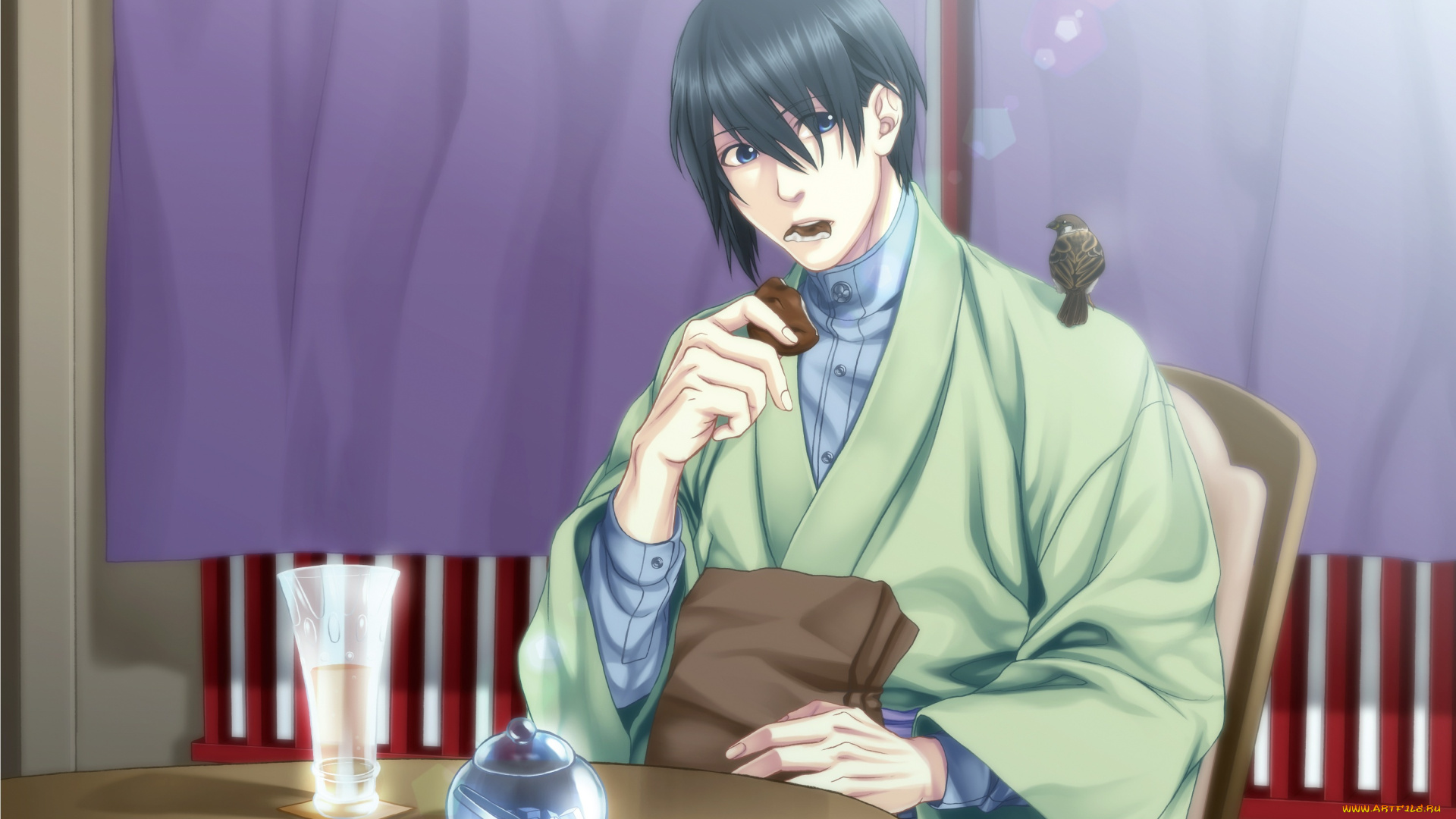 аниме, unknown, , другое, воробей, taishou, mebiusline, кимоно, напиток, visual, novel, парень, kyouichiro, hiiragi, стол, сладости