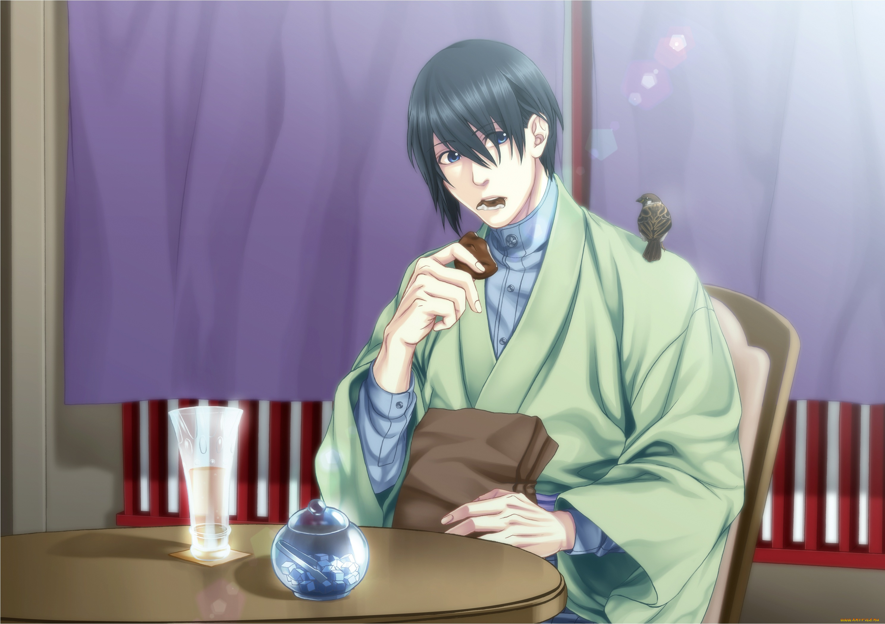 аниме, unknown, , другое, воробей, taishou, mebiusline, кимоно, напиток, visual, novel, парень, kyouichiro, hiiragi, стол, сладости