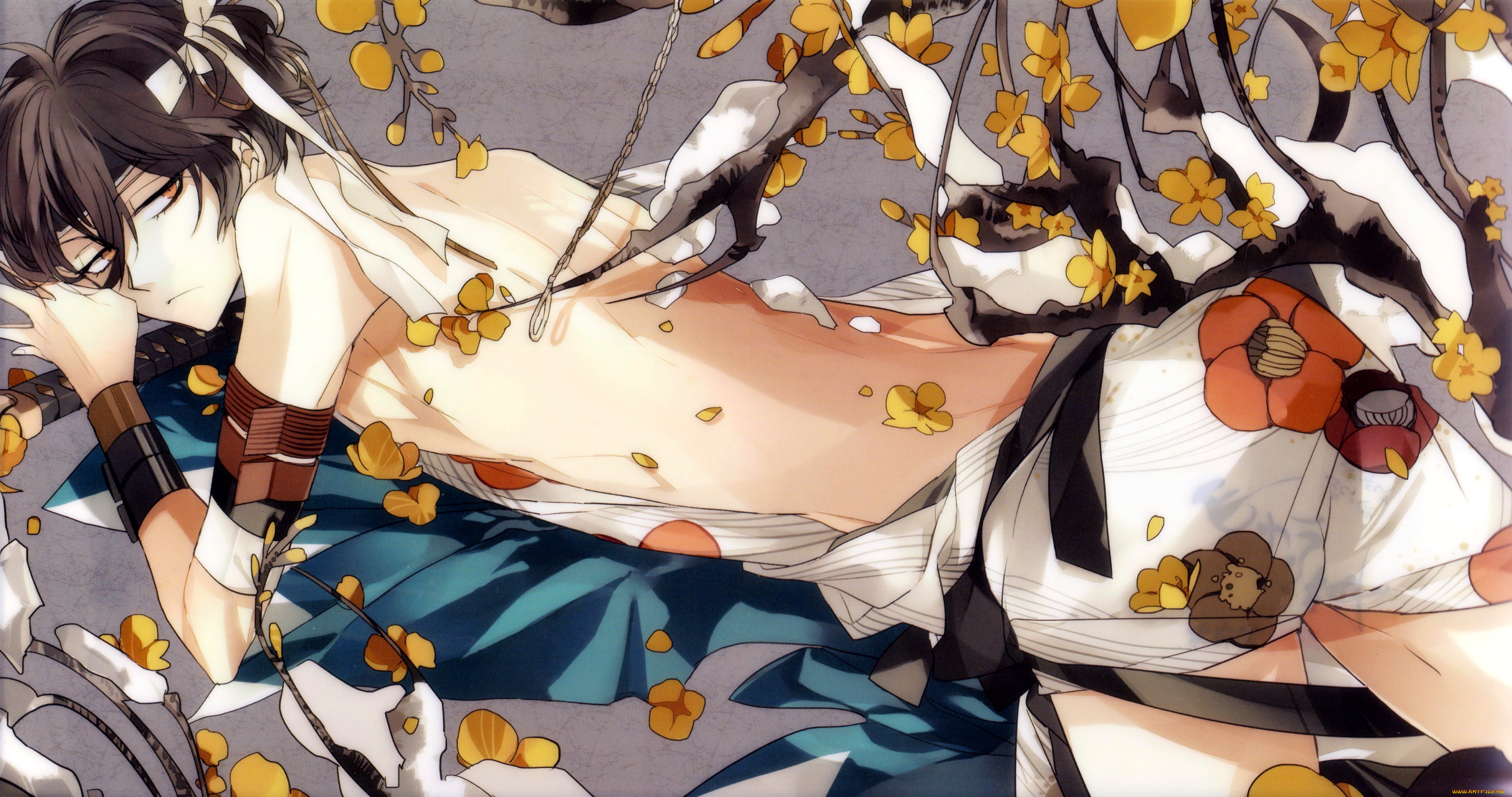 аниме, hakuouki, браслет, suou, shinsengumi, kitan, спина, демоны, бледной, сакуры, камелии, art, парень, снег, saitou, hajime, лежит