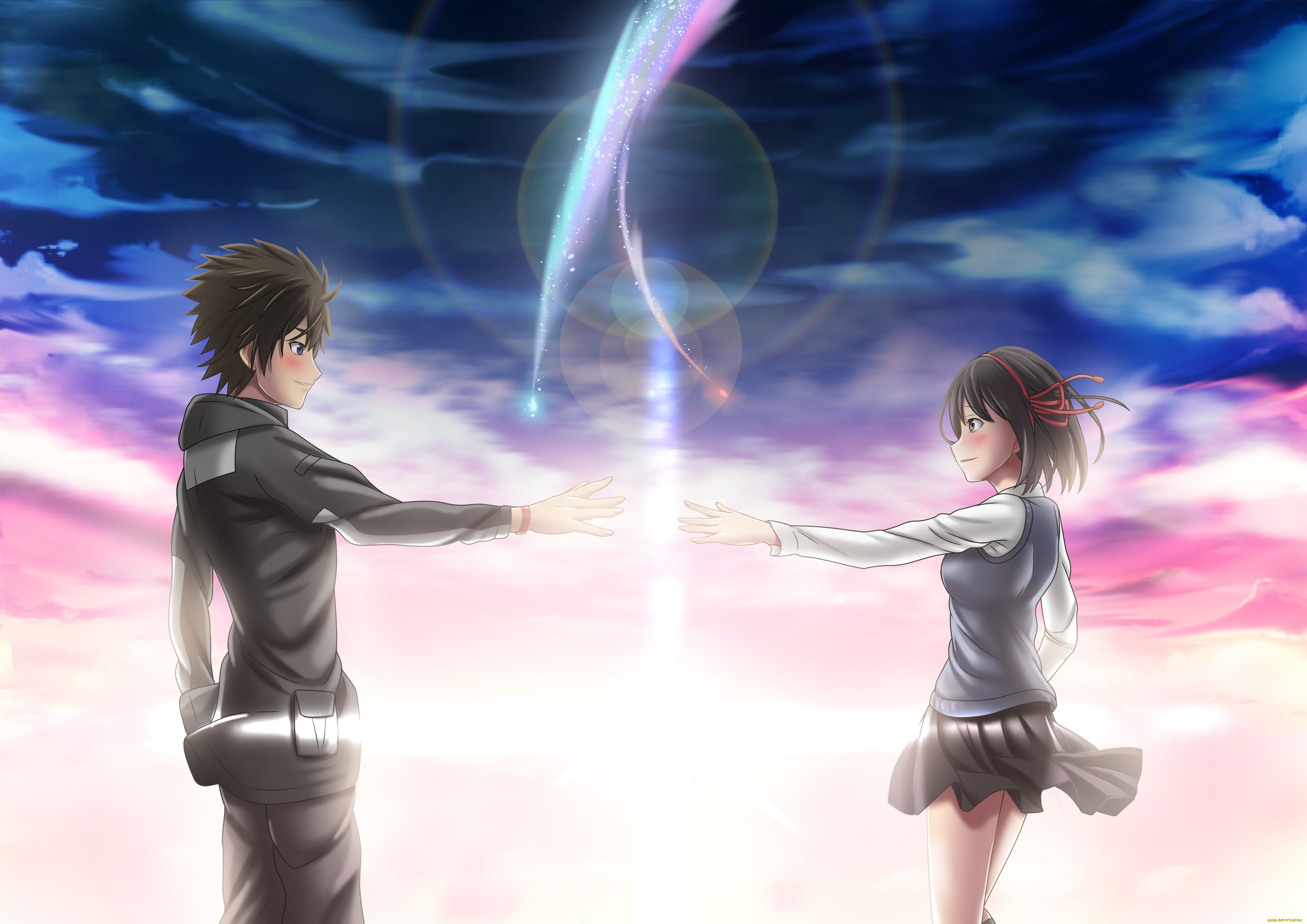 аниме, kimi, no, na, wa, девушка, парень, фон, взгляд