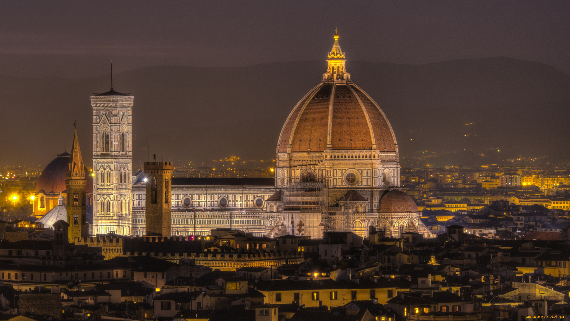 florence, города, флоренция, , италия, огни, ночь, панорама