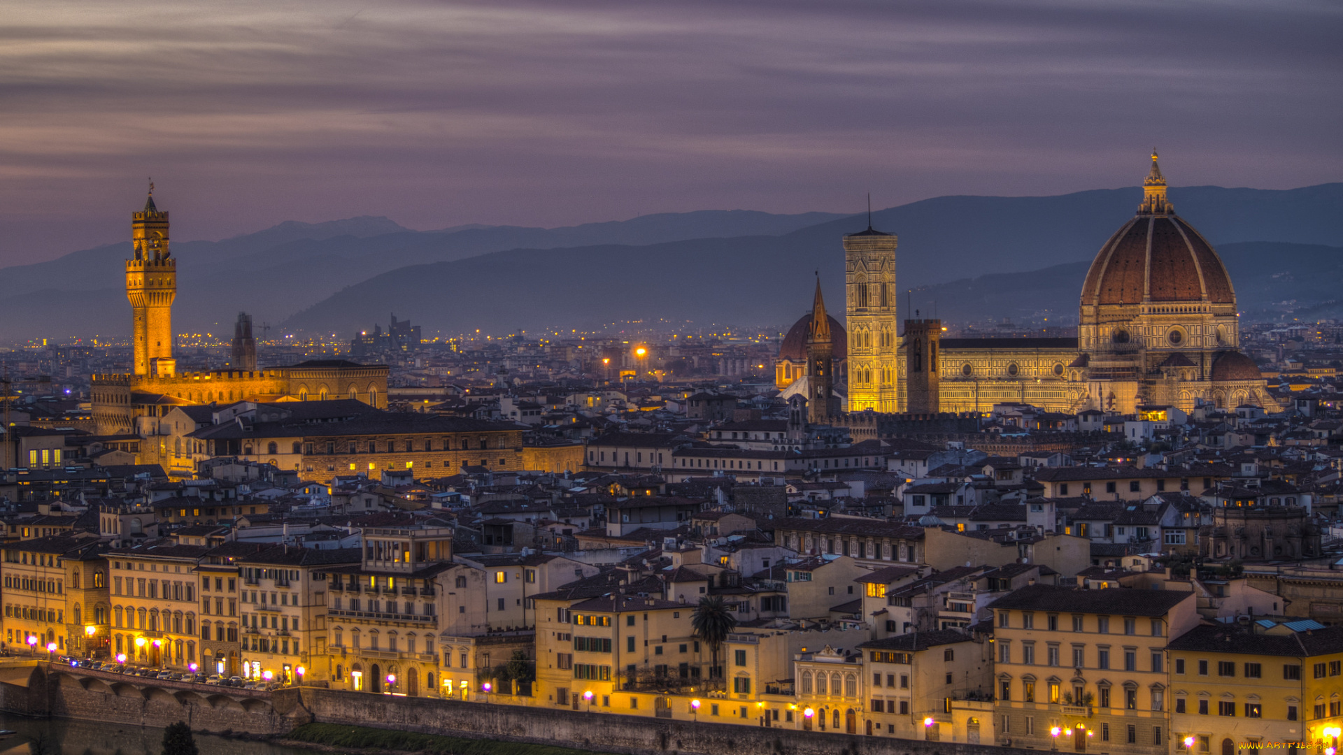 florence, города, флоренция, , италия, панорама, огни, ночь