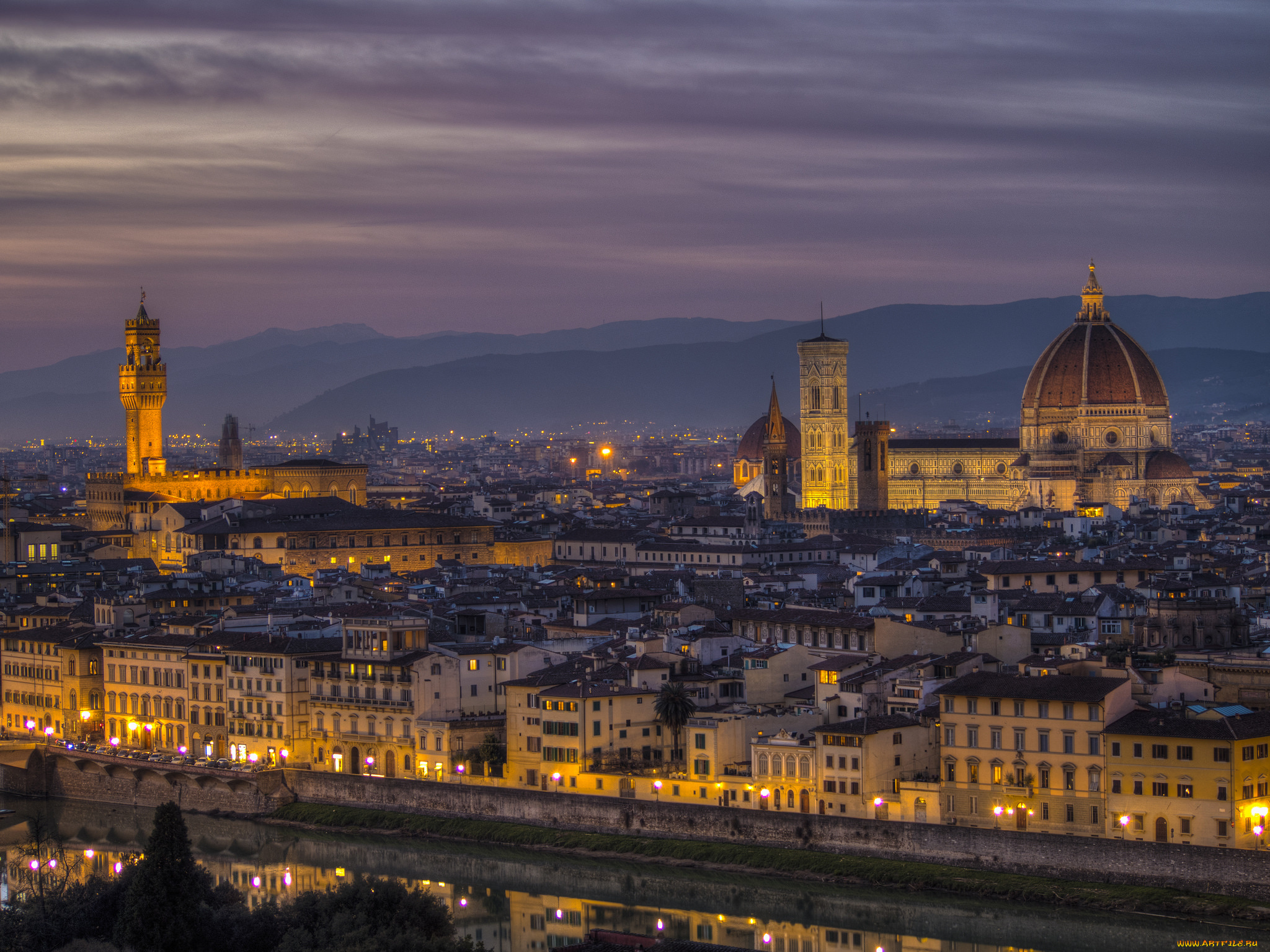 florence, города, флоренция, , италия, панорама, огни, ночь