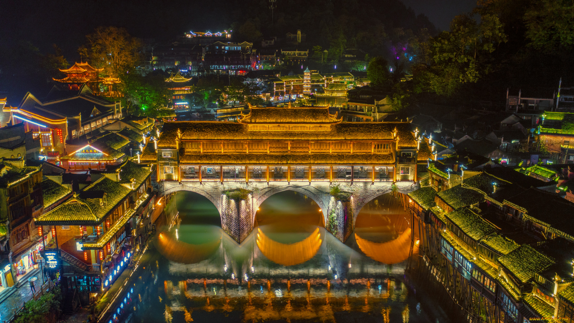 fenghuang, ancient, town, города, -, огни, ночного, города, простор